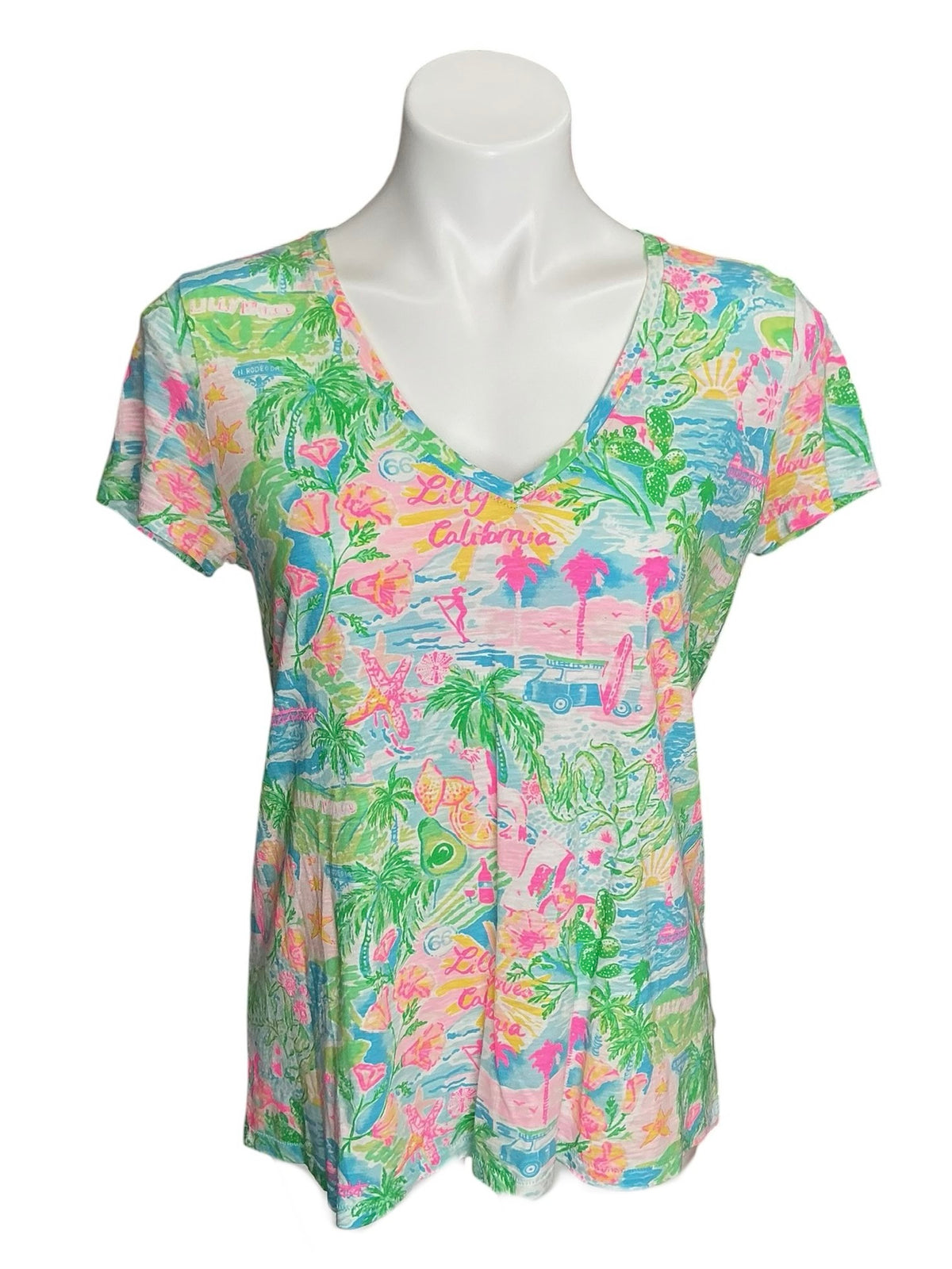 Lilly Pulitzer Etta V Neck Tee Multi Lilly Loves California - Size S