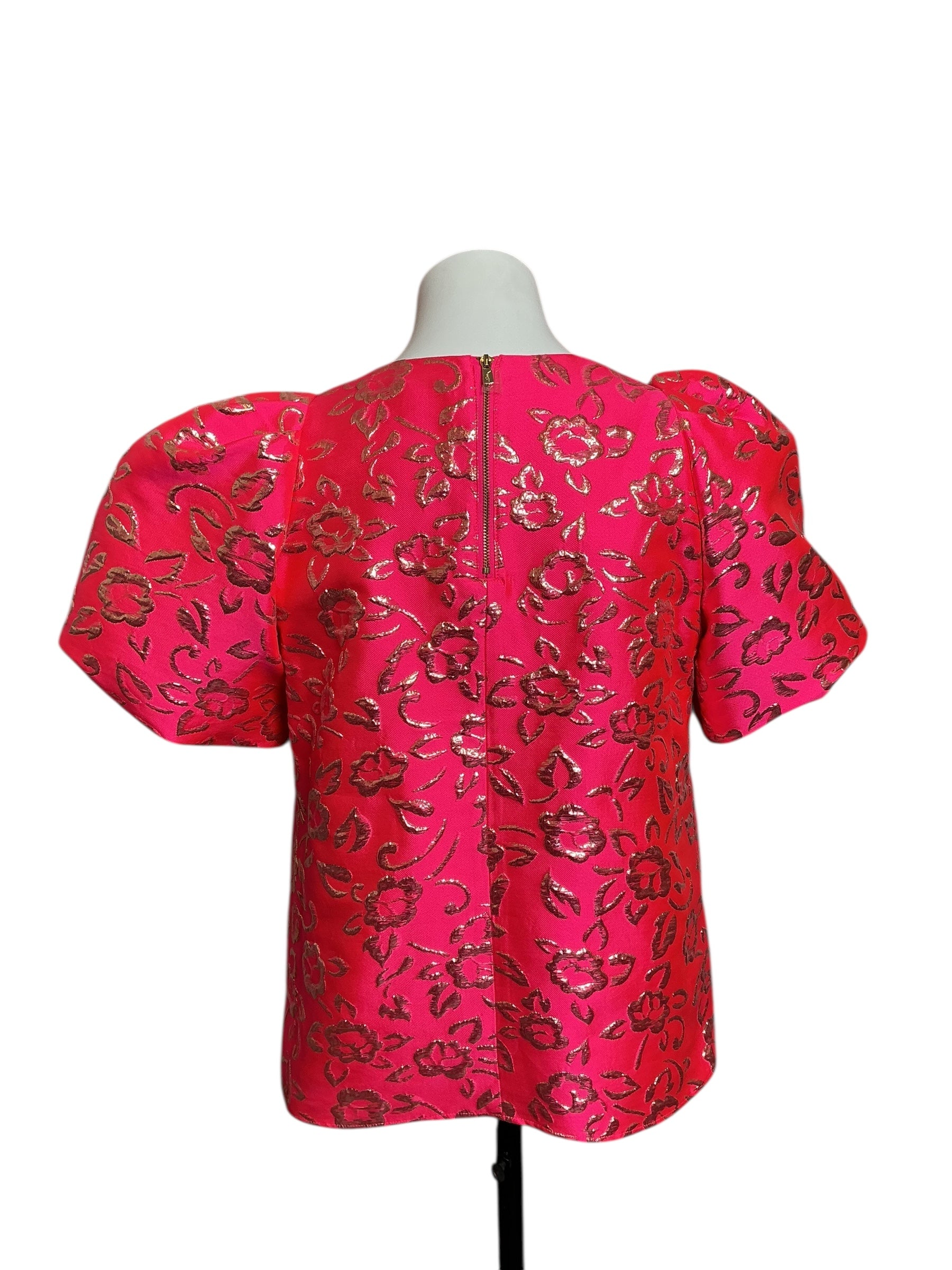 Lilly Pulitzer NWT Pratt Short Sleeve Floral Brocade Top Pink Grenadine Gold Puff Floral Brocade - Size S
