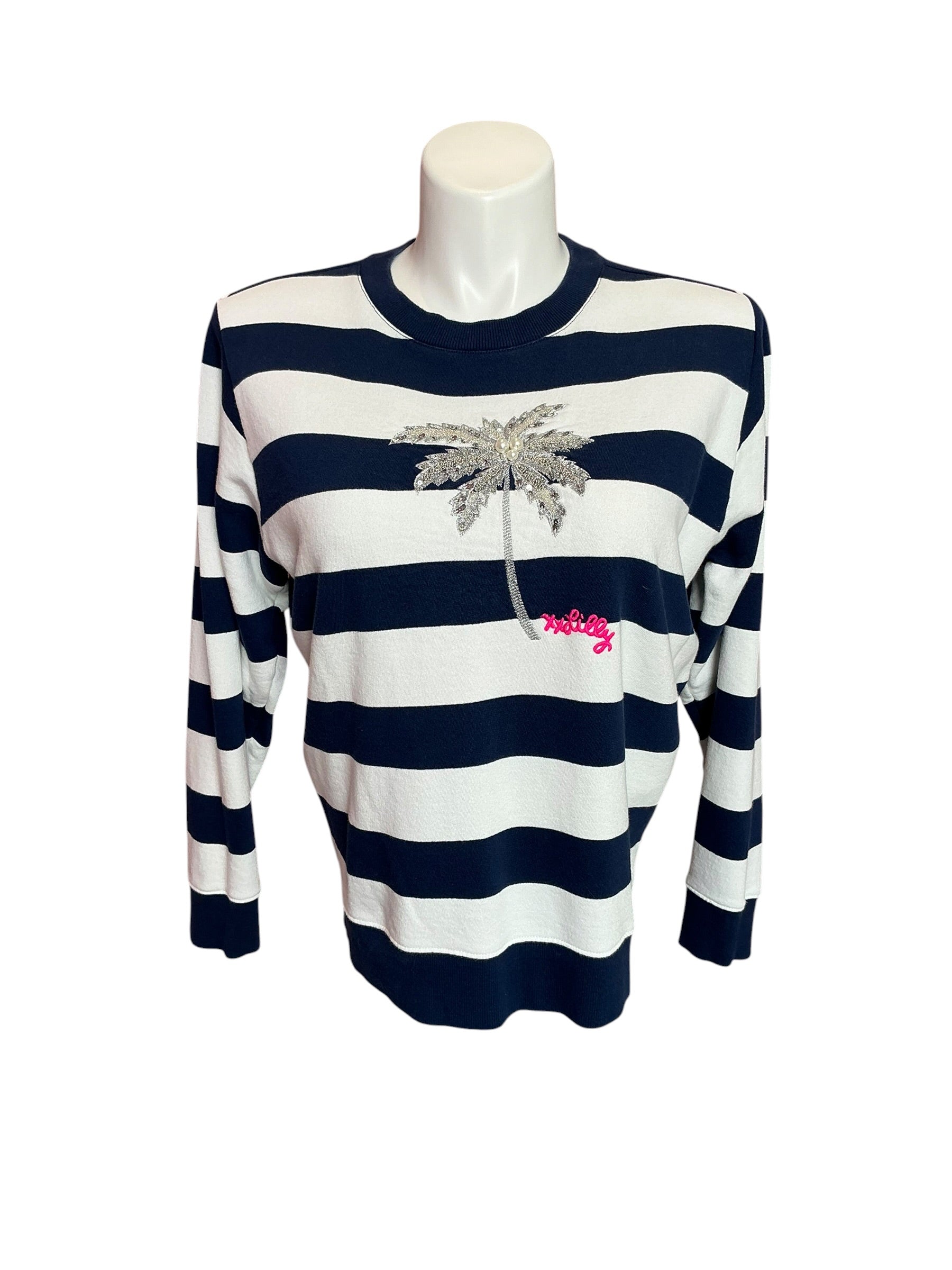 Lilly Pulitzer Ballad Cotton Sweatshirt Low Tide Navy Beaded Palm - Size S