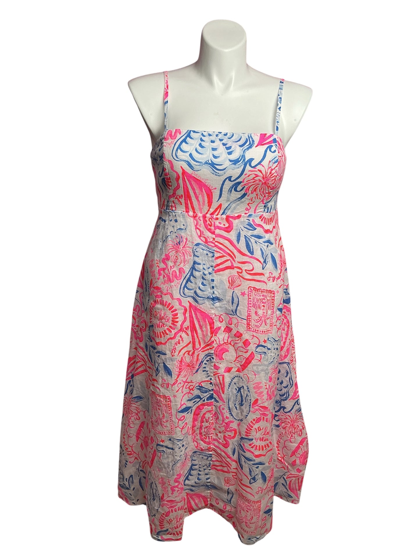 Lilly Pulitzer- Jorgian Linen Midi Dress Resort White Lil Sun Sea Sand Size 14