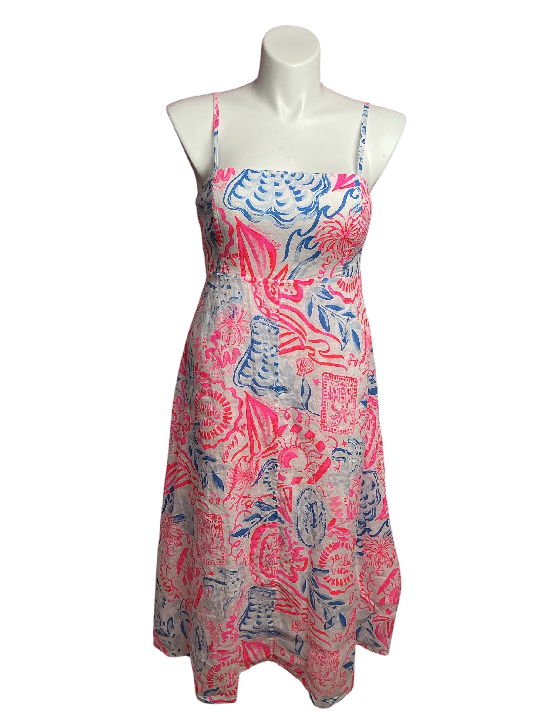 Lilly Pulitzer- Jorgian Linen Midi Dress Resort White Lil Sun Sea Sand Size 14