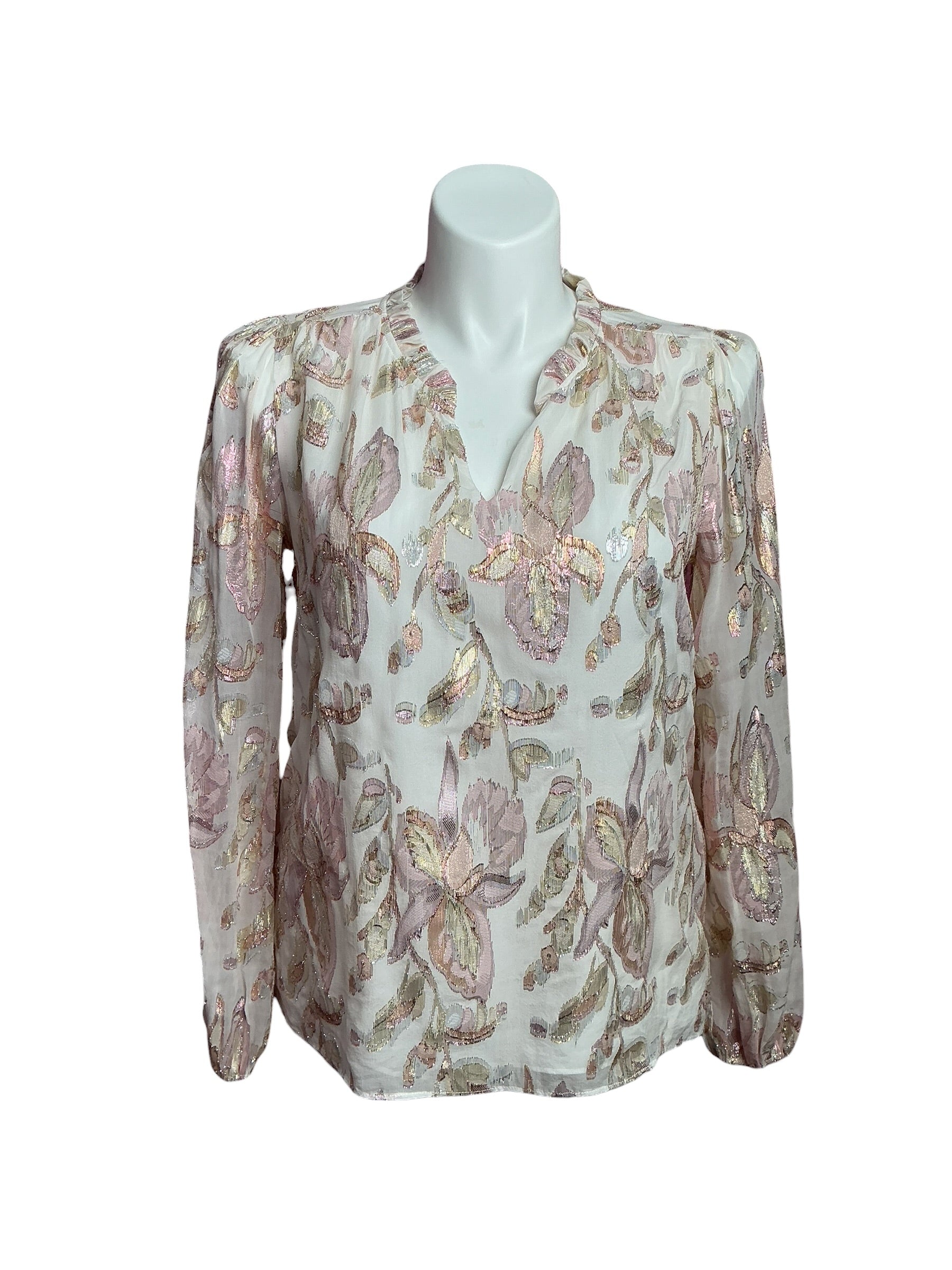 Lilly Pulitzer- Giana Silk Top Coconut Rose Gold Multi Floral Metallic Size M