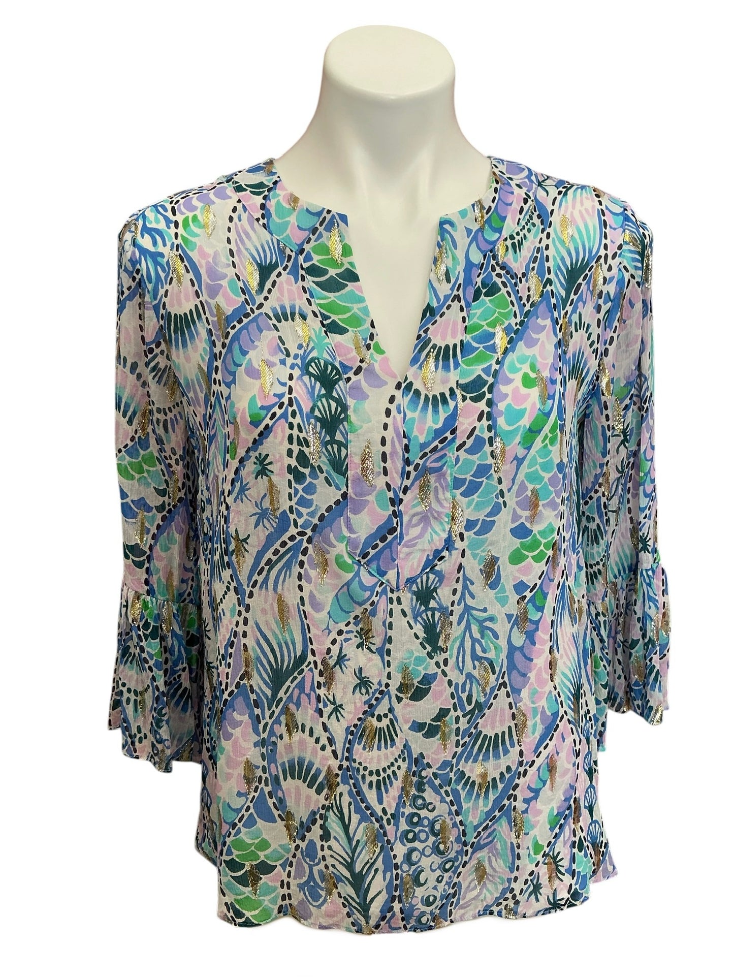 Lilly Pulitzer Elenora Silk Top Coastal Blue Tails Of The Sea - Size S