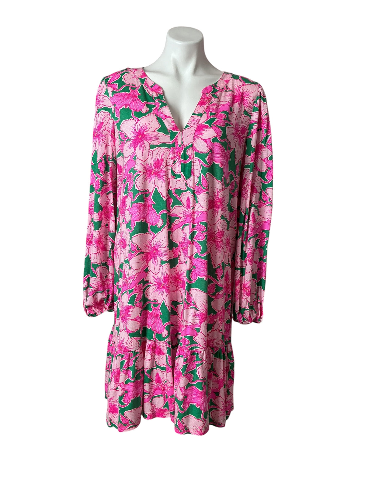 Lilly Pulitzer Alyssa Long Sleeve Dress Kelly Green Hibis Kiss - Size XL