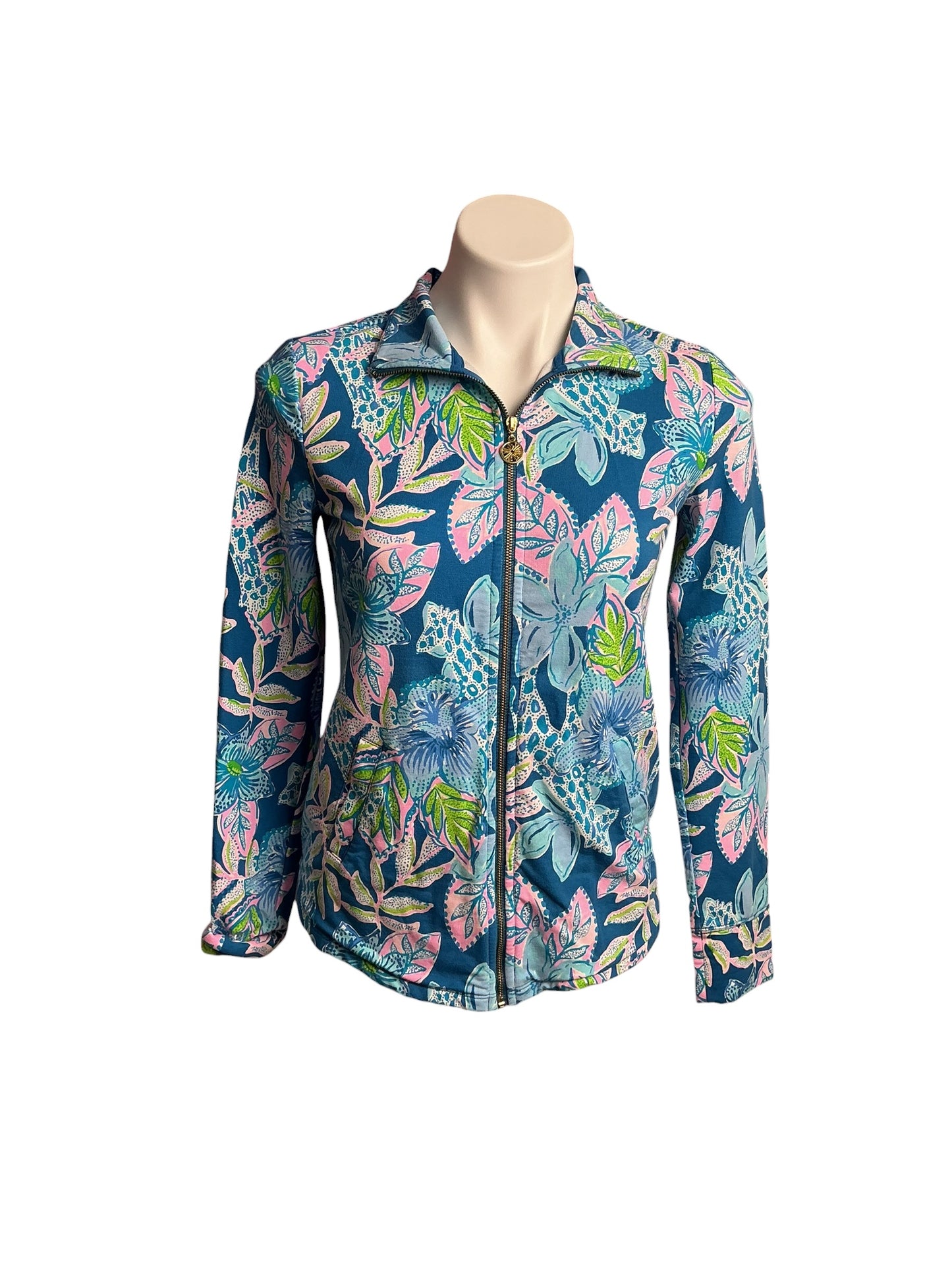 Lilly Pulitzer- Leona UPF 50+ Zip-Up Jacket Macaw Blue Tall Me About It Size XXS