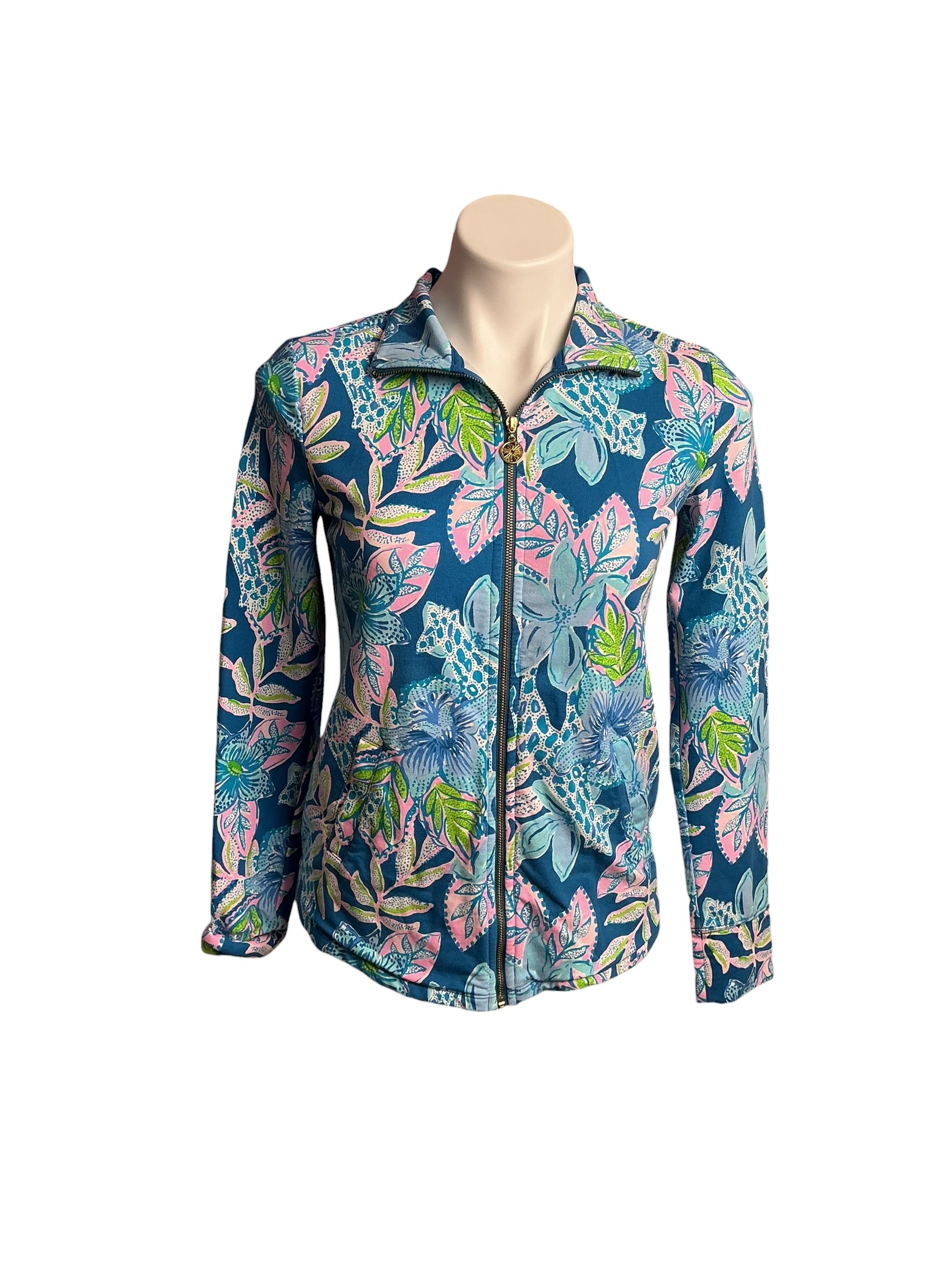 Lilly Pulitzer- Leona UPF 50+ Zip-Up Jacket Macaw Blue Tall Me About It Size XXS