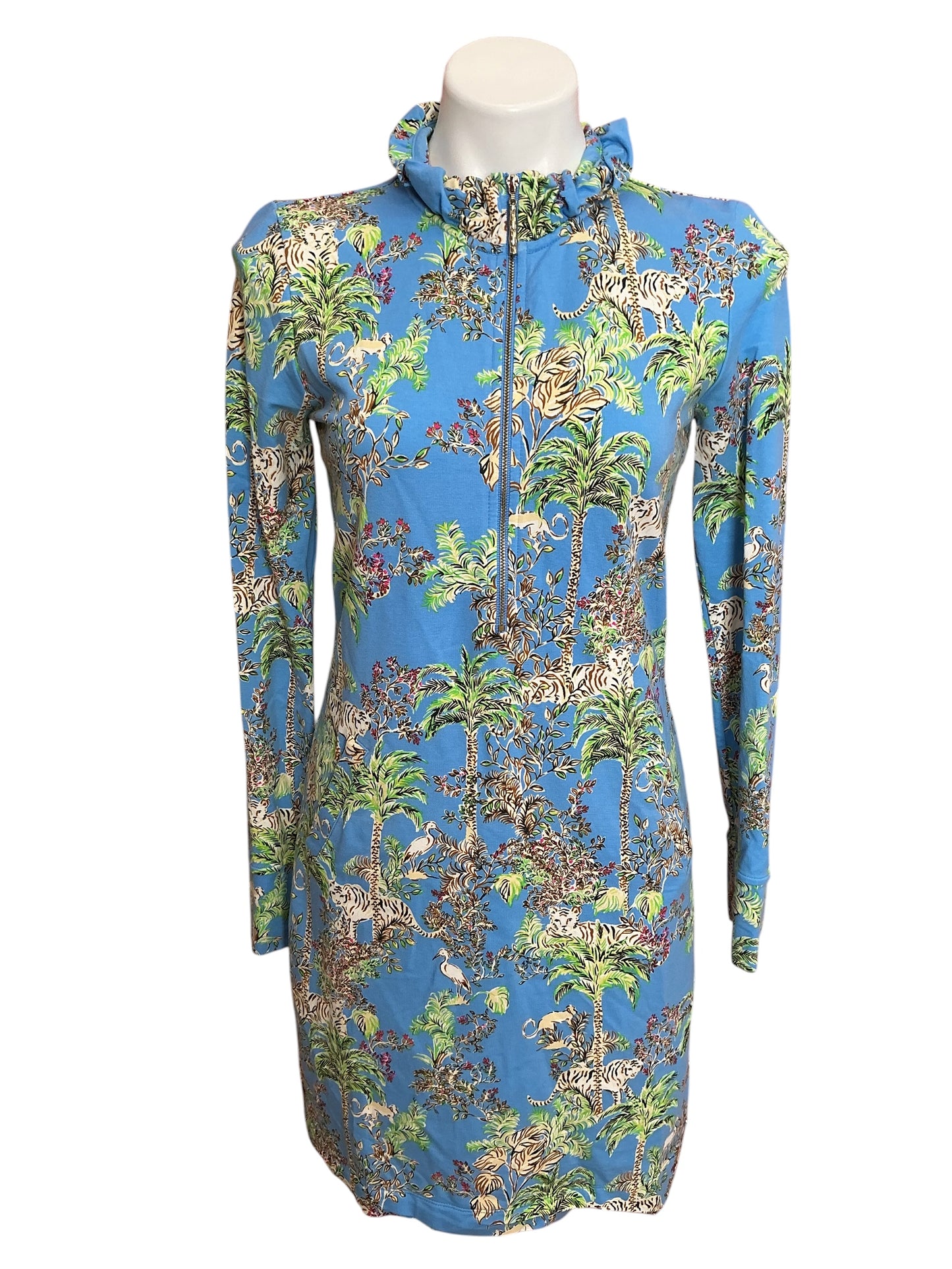 Lilly Pulitzer Skipper Ruffle Dress UPF 50+ Blue Thistle Tiger Queen - Size S