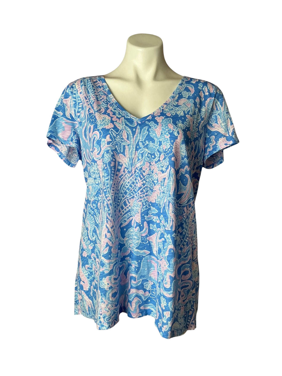 Lilly Pulitzer V-Neck Top Boca Blue Sea What I Sea - Size L