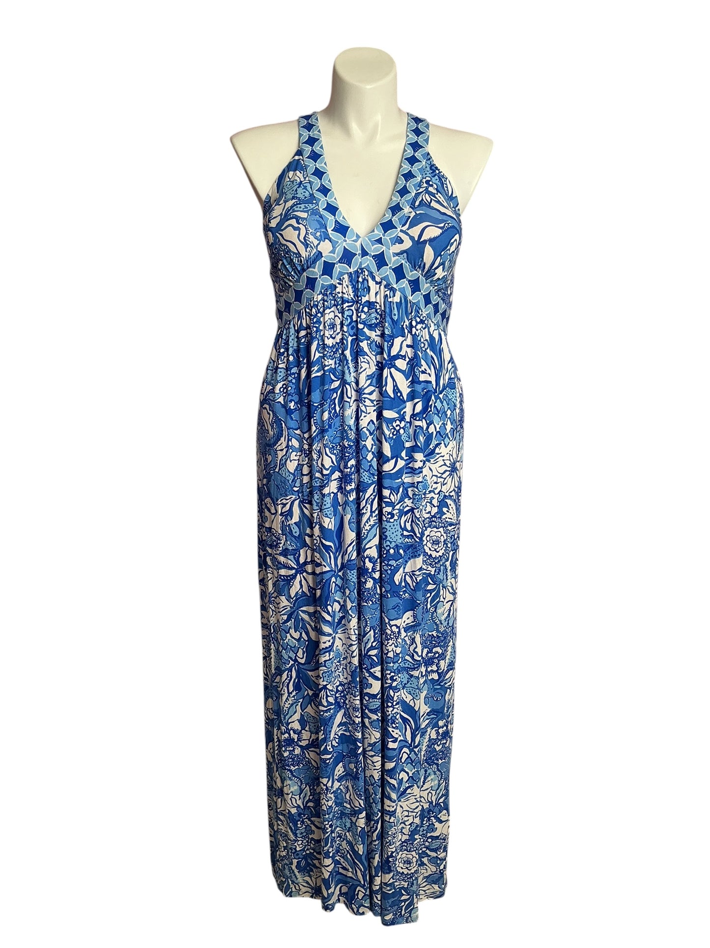 Lilly Pulitzer- Serena V-Neck Maxi Dress Blur Tang Flocking Fabulous Size 16