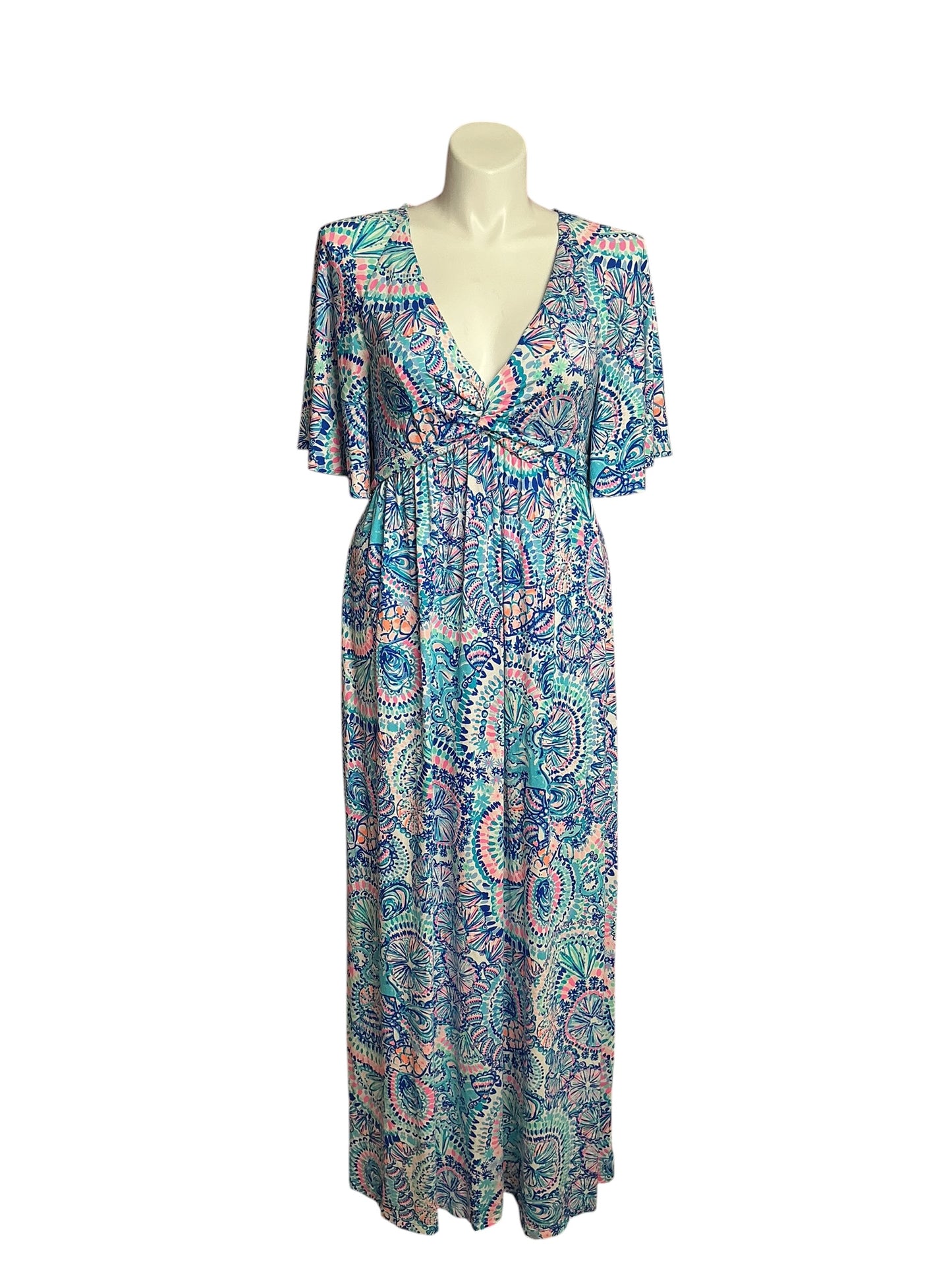 Lilly Pulitzer- Minka Sleeved Maxi Dress Blue Grotto Commotion In The Ocean Size 12