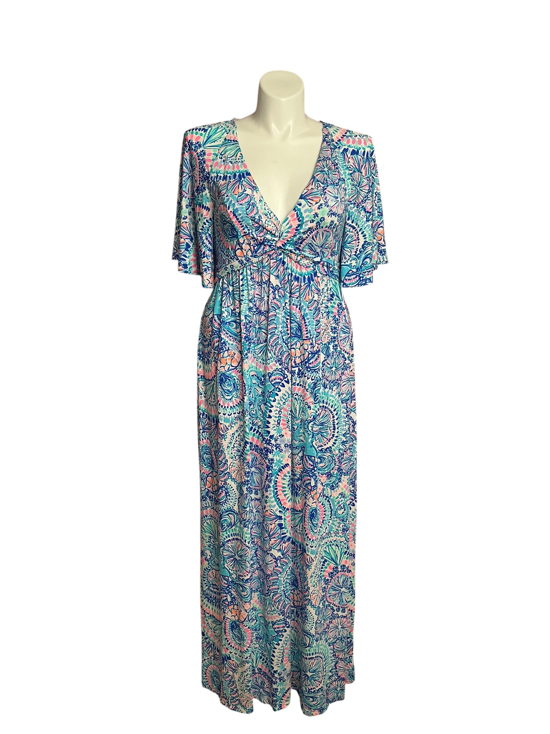 Lilly Pulitzer- Minka Sleeved Maxi Dress Blue Grotto Commotion In The Ocean Size 12