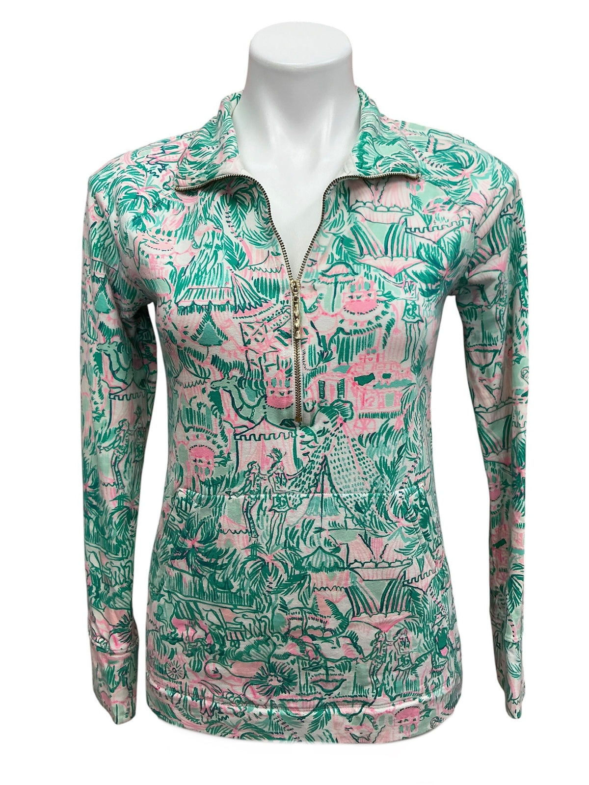 Lilly Pulitzer Skipper Popover Top Bright Agate Green Colorful Camelflage - Size XS
