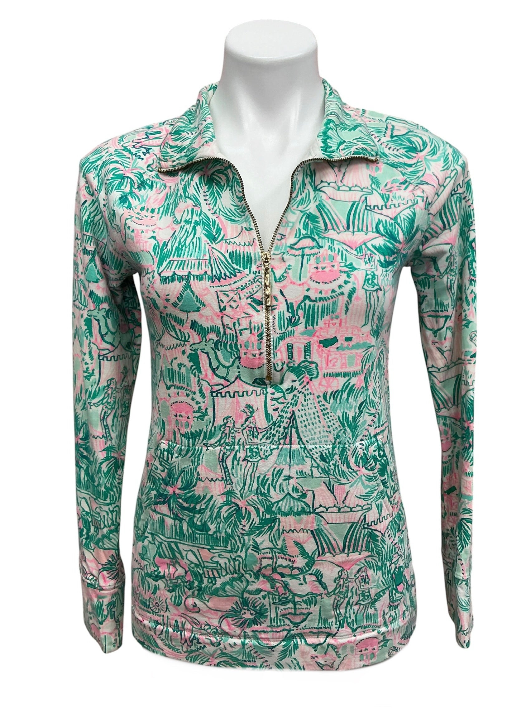 Lilly Pulitzer Skipper Popover Top Bright Agate Green Colorful Camelflage - Size XS