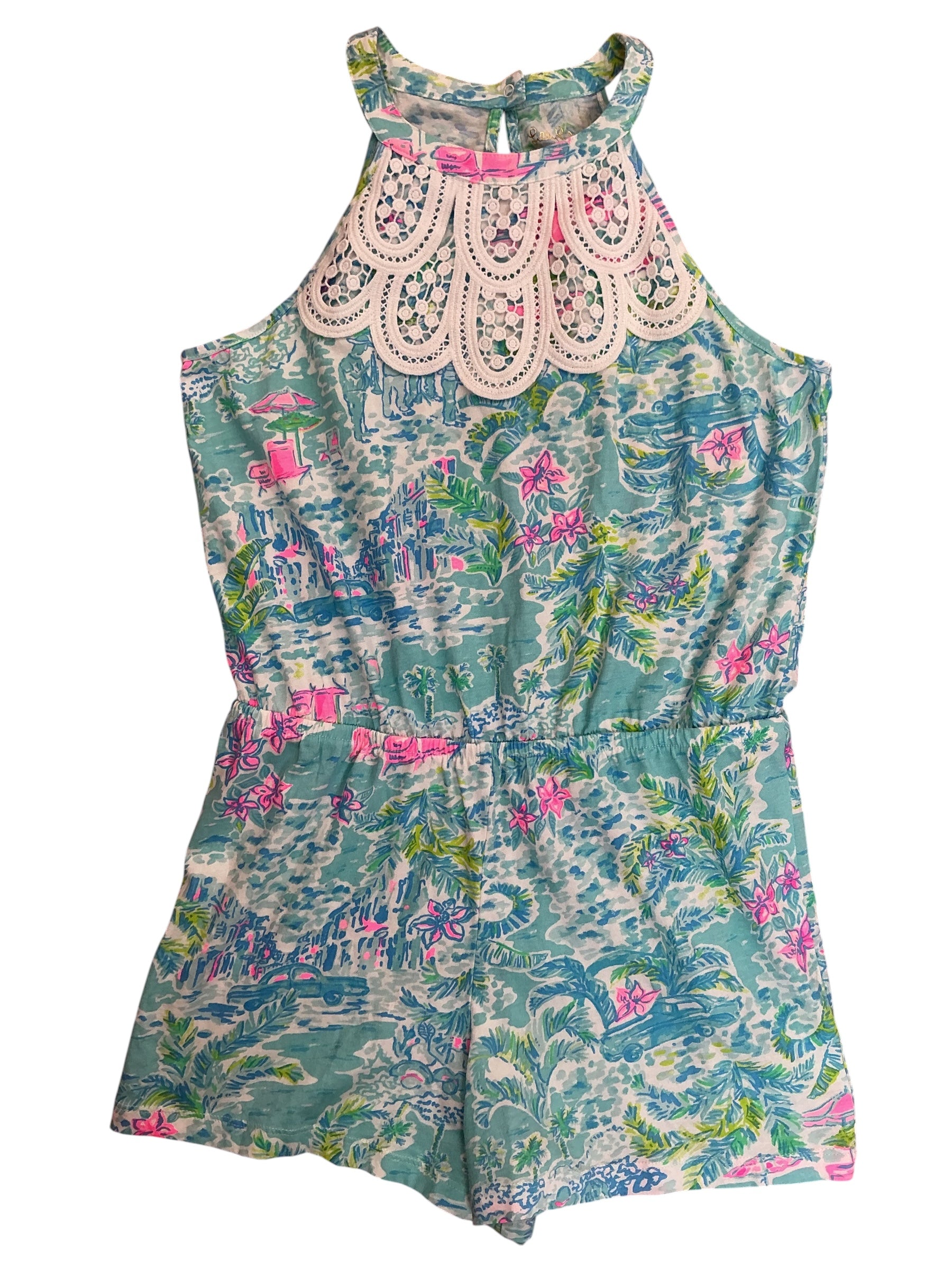Lilly Pulitzer Kids Girls Jaycee Romper Coral Of The Story - Size XL 12-14