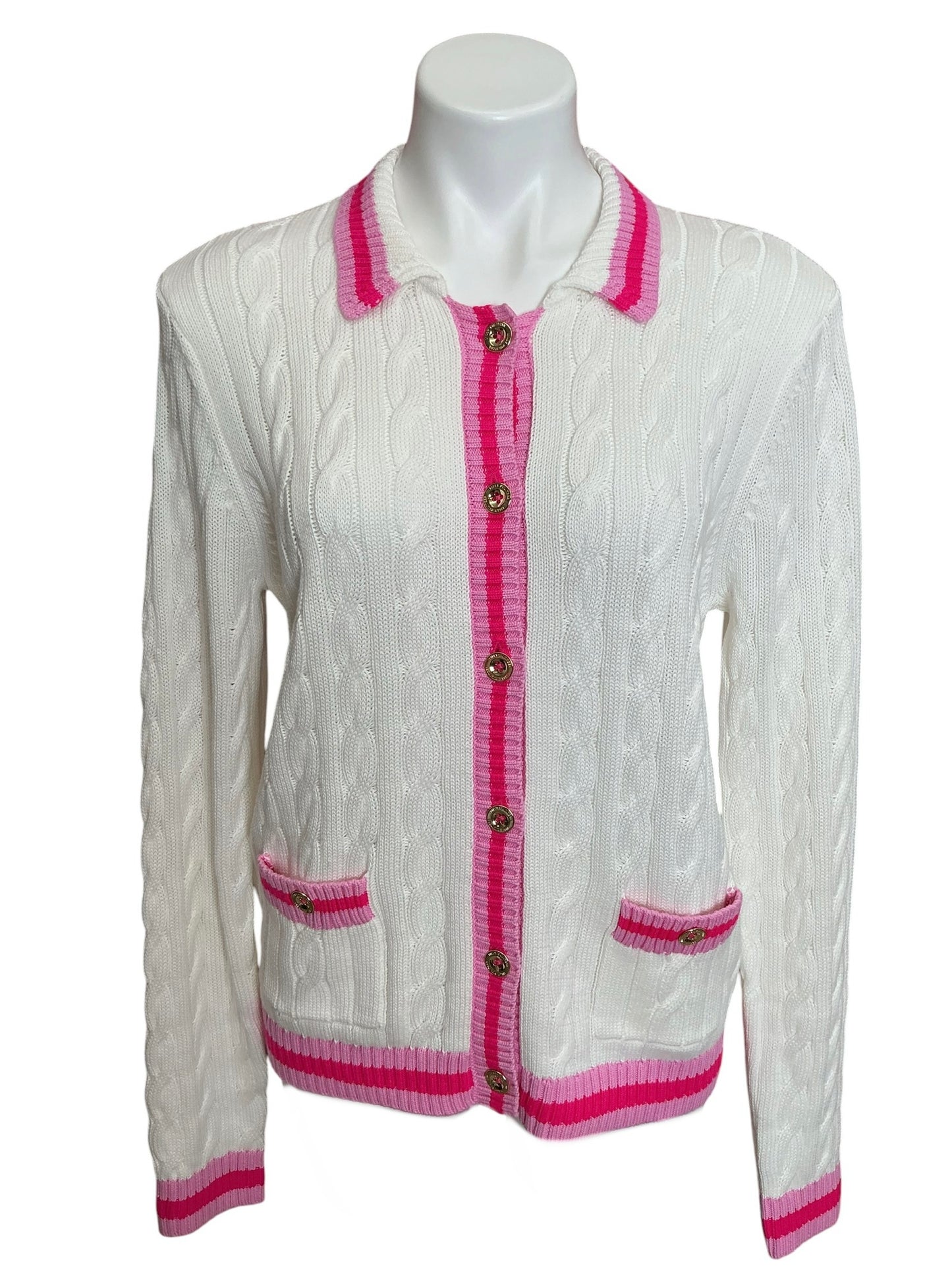 Lilly Pulitzer Brockton Polo Cardigan Coconut X Pink Bliss Tipping - Size L