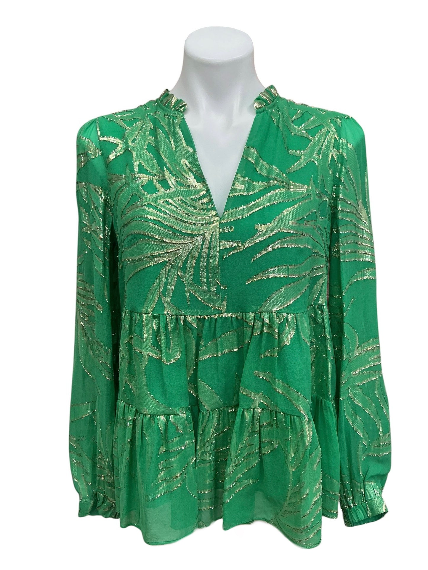 Lilly Pulitzer Sarita Silk Top Botanical Green Palm Leaf Silk Clip Chiffon - Size 6