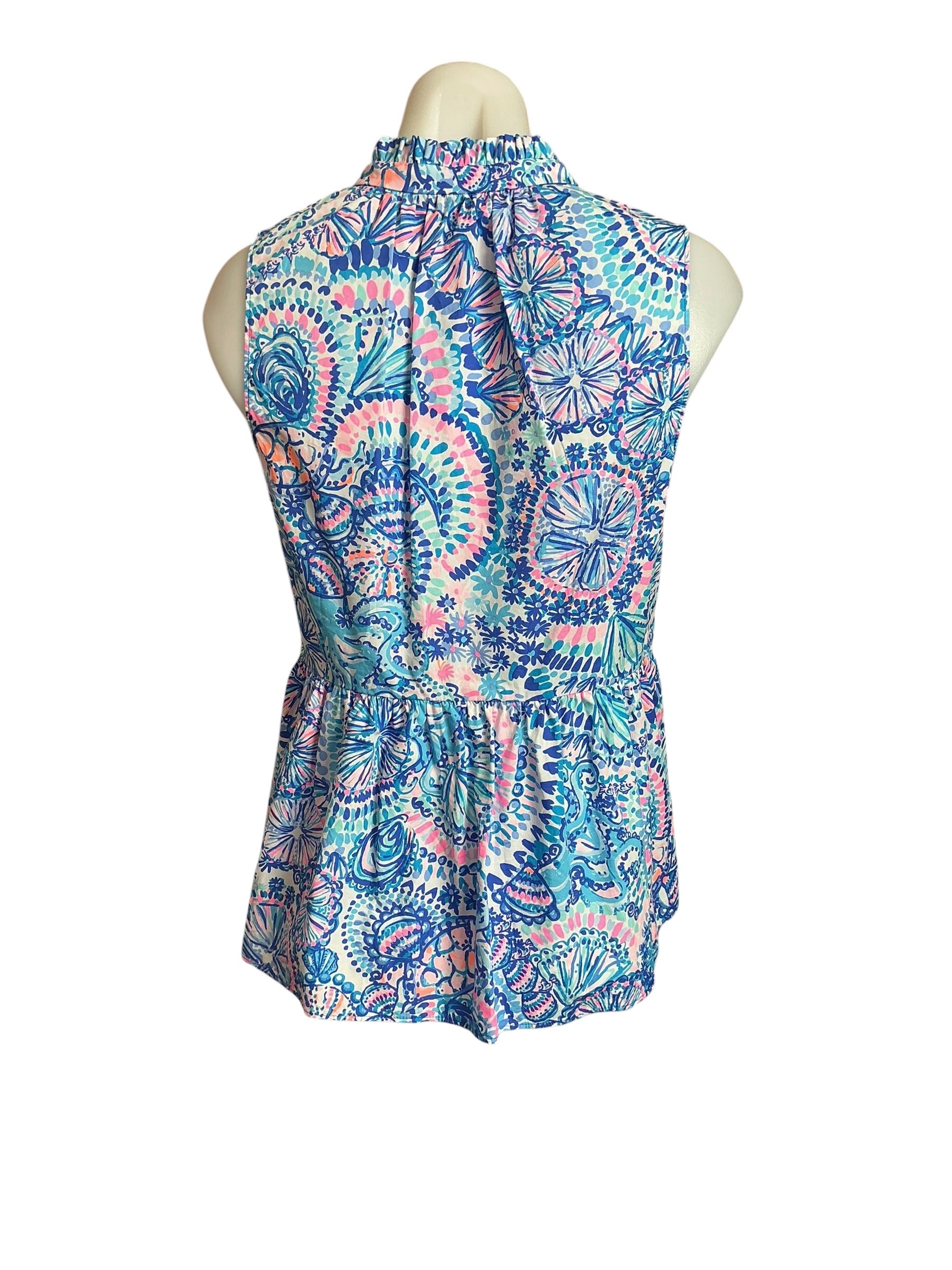 Lilly Pulitzer Novella Ruffle Hem Top Blue Grotto Commotion in the Ocean - Size XS