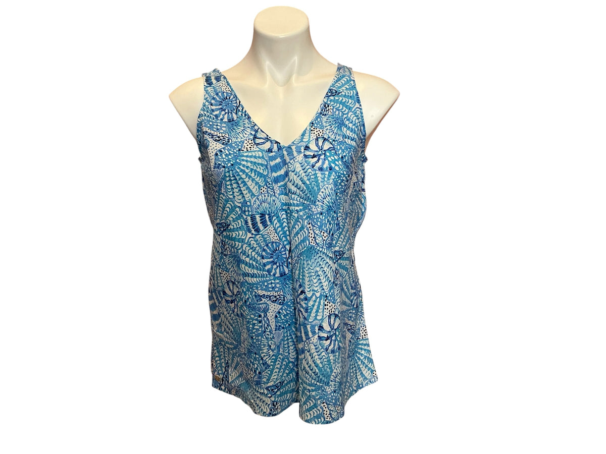 Lilly Pulitzer Florin Sleeveless V-Neck Linen Top Amalfi Blue By The Seashore - Size XXS