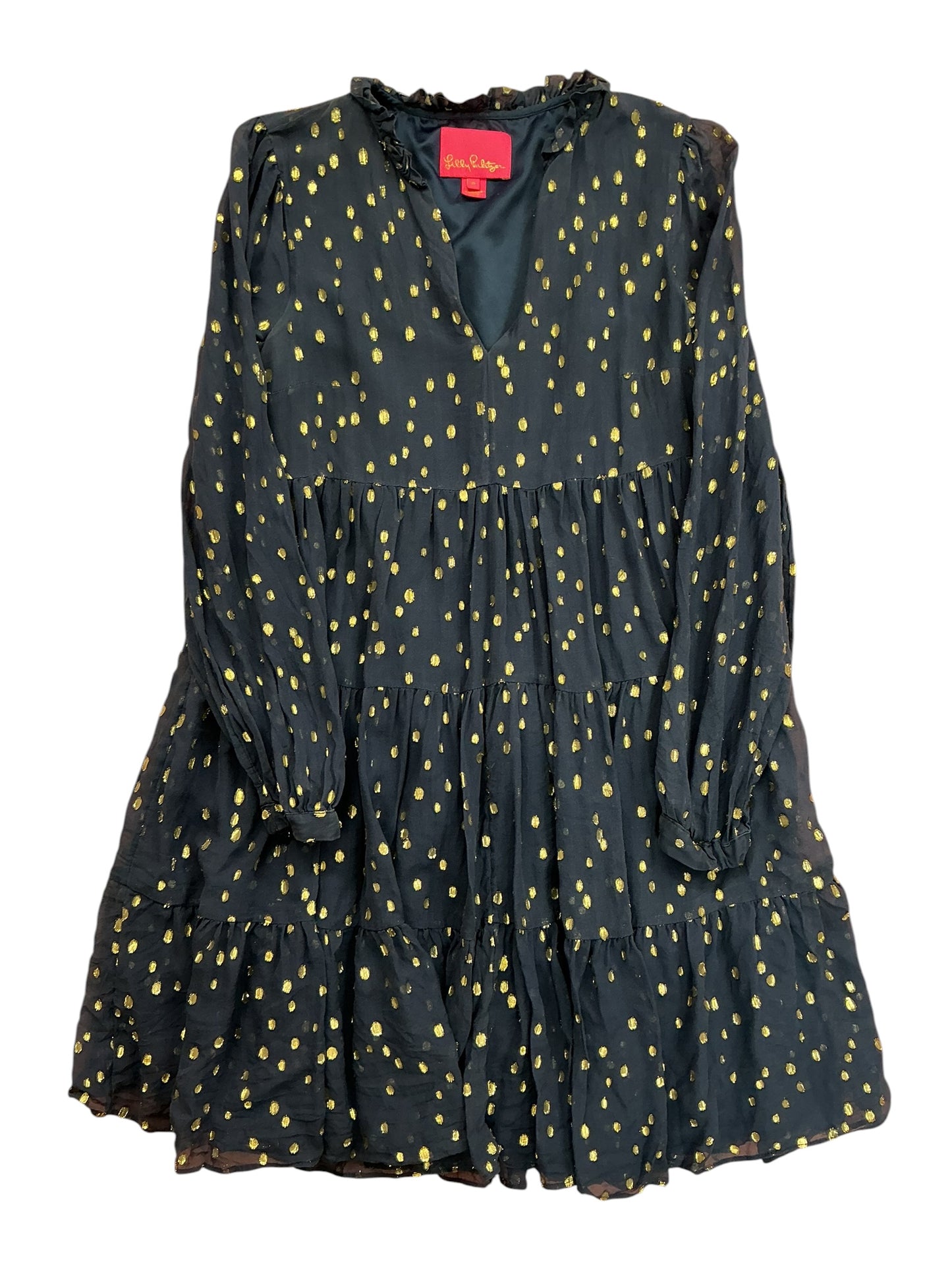 Lilly Pulitzer Winona Silk Dress True Navy Gold Metallic Fish Clip Chiffon - Size 0