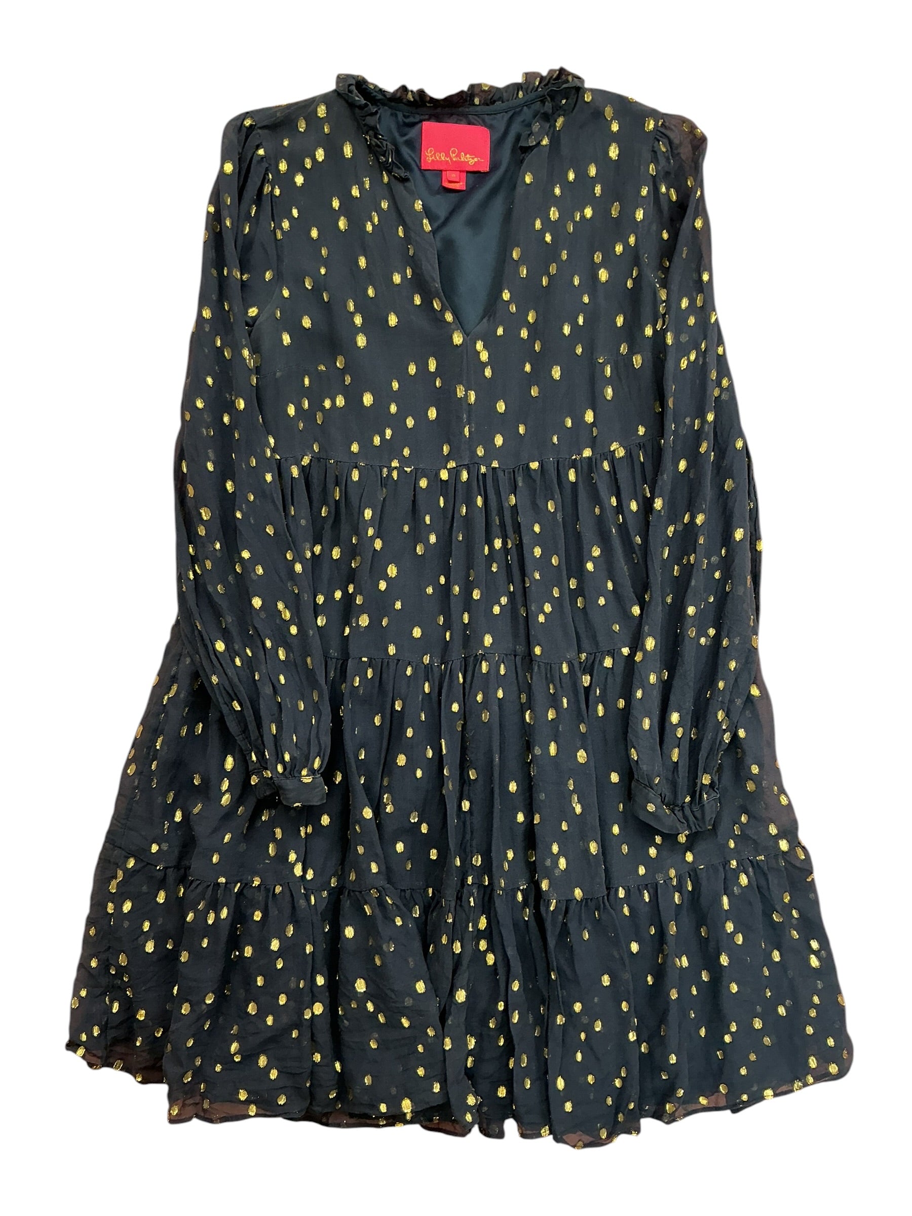 Lilly Pulitzer Winona Silk Dress True Navy Gold Metallic Fish Clip Chiffon - Size 0