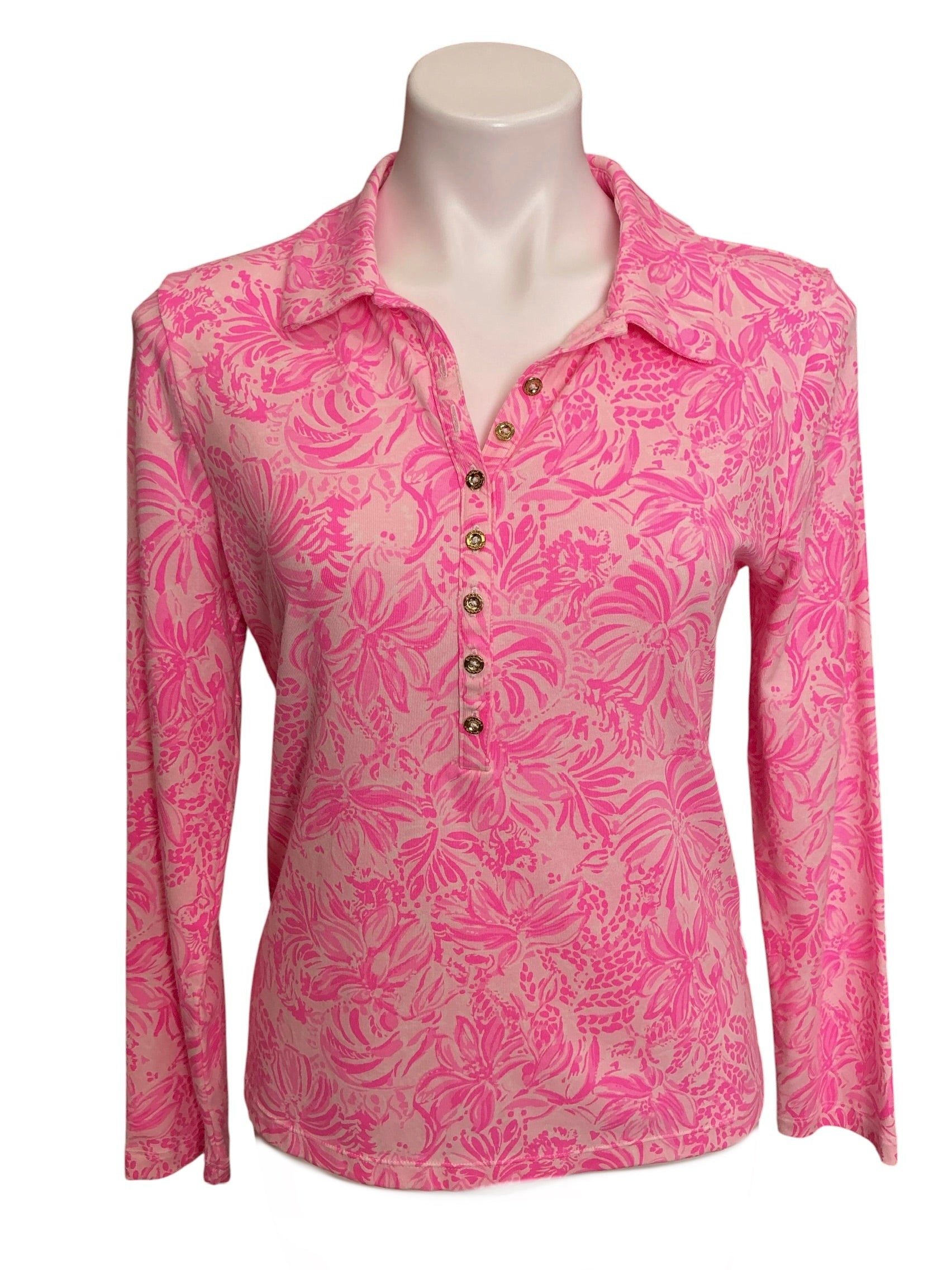 Lilly Pulitzer Reema Long Sleeve Polo Top Pink Blossom Foxy Llama - Size L