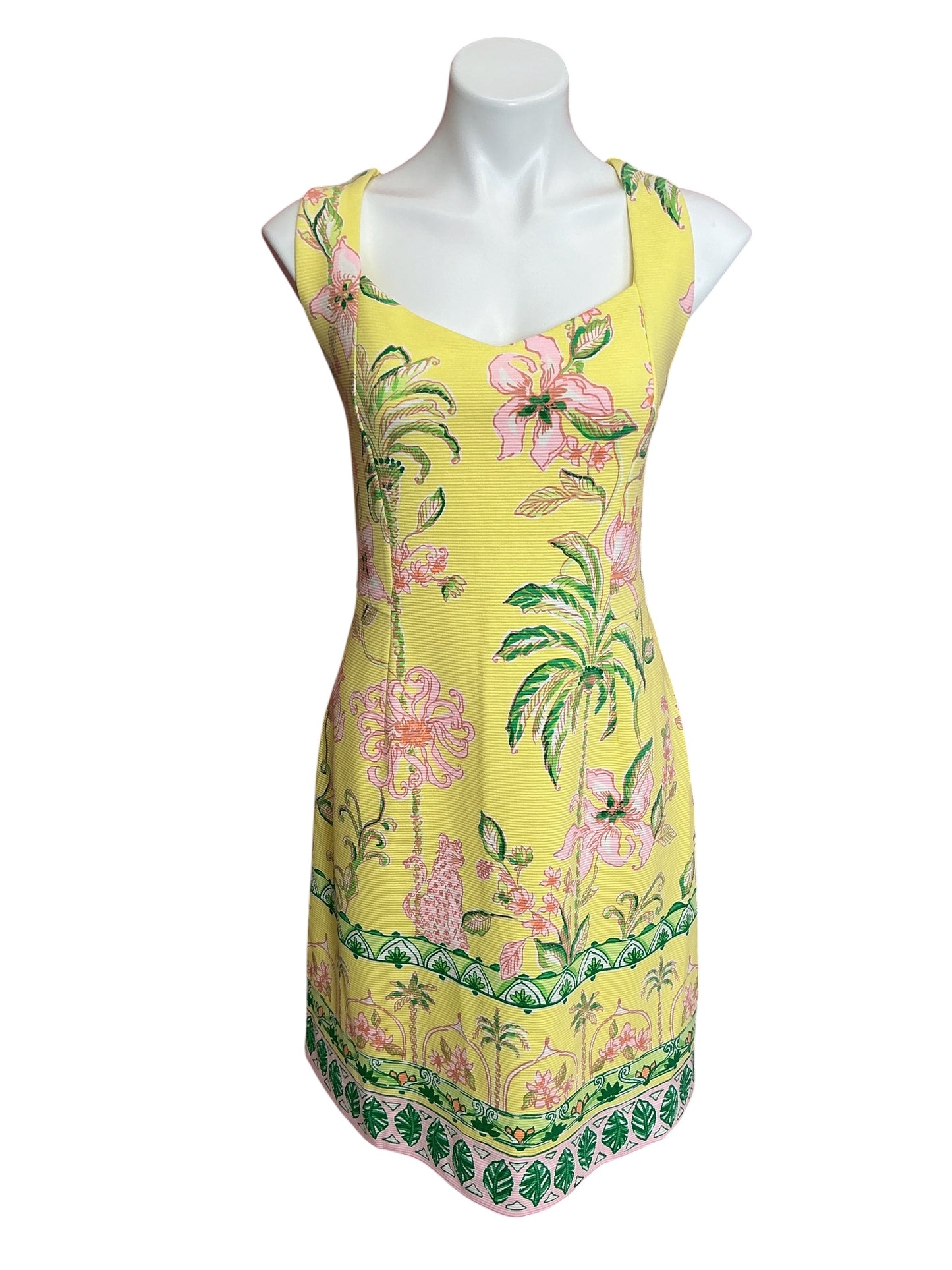 Lilly Pulitzer NWT Del Rey Stretch Shift Dress Finch Yellow Tropical Oasis Engineered Knit - Size XL