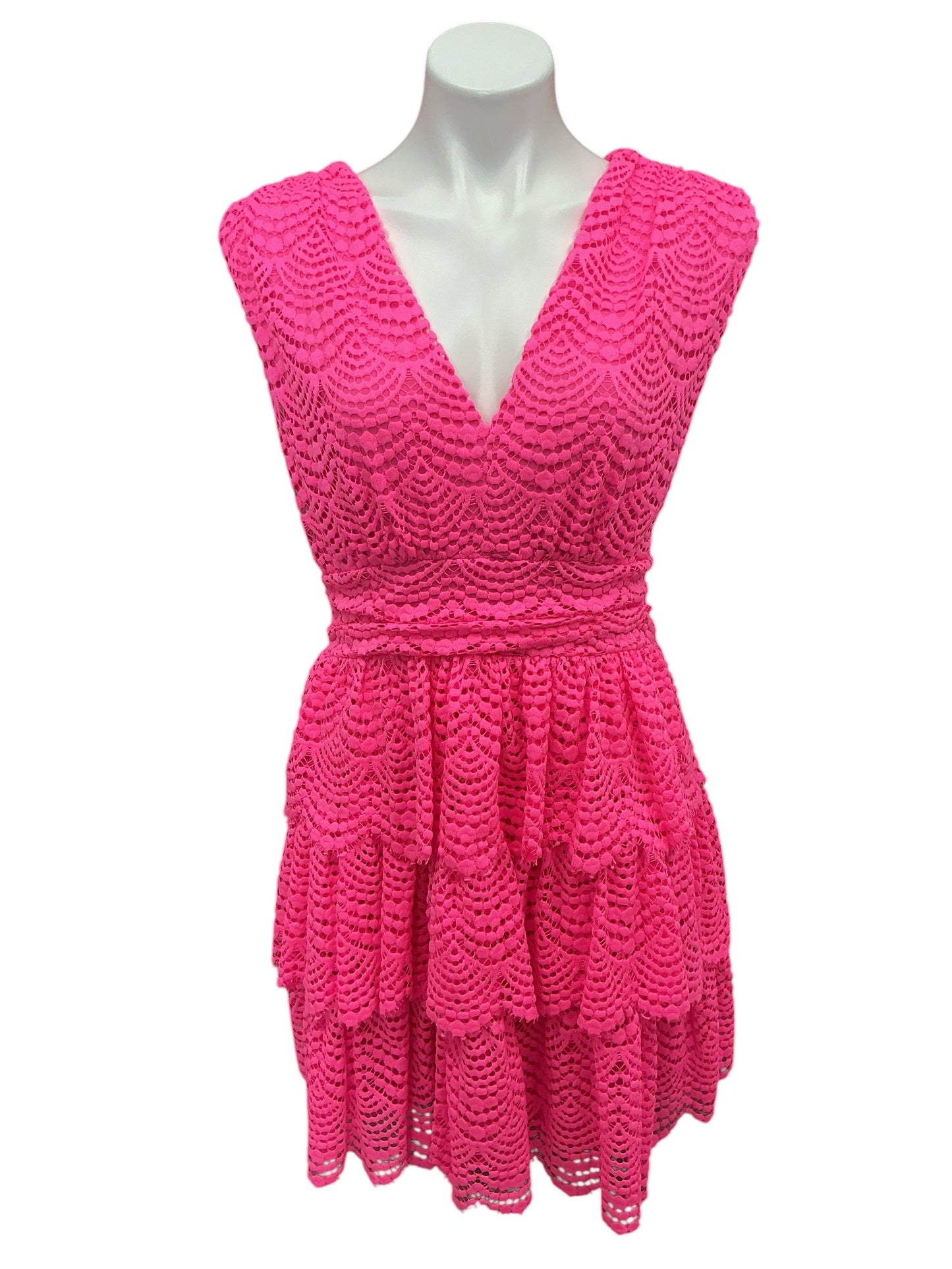 Lilly Pulitzer Faye V-Neck Lace Ruffle Dress Roxie Pink Scalloped Shell - Size L