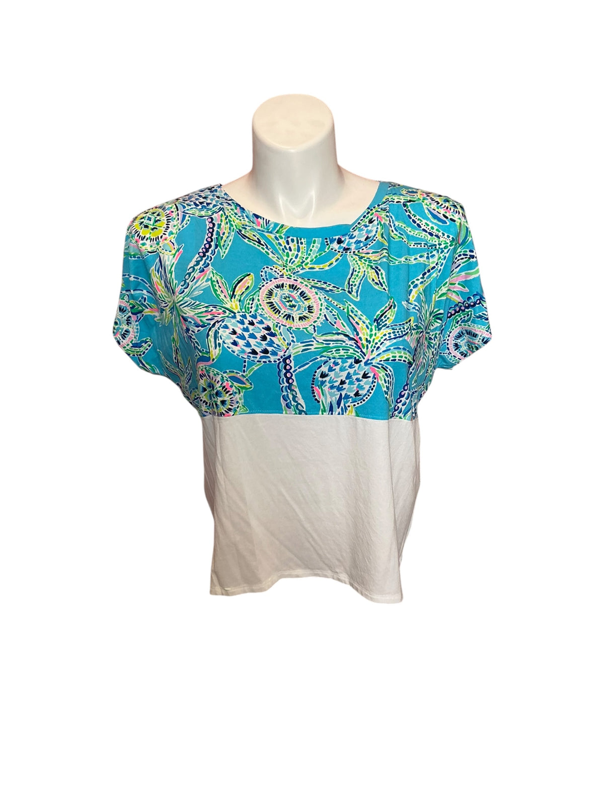 Lilly Pulitzer Finn Cropped Short Sleeve Top Bermuda Blue Turtle Szn - Size XL