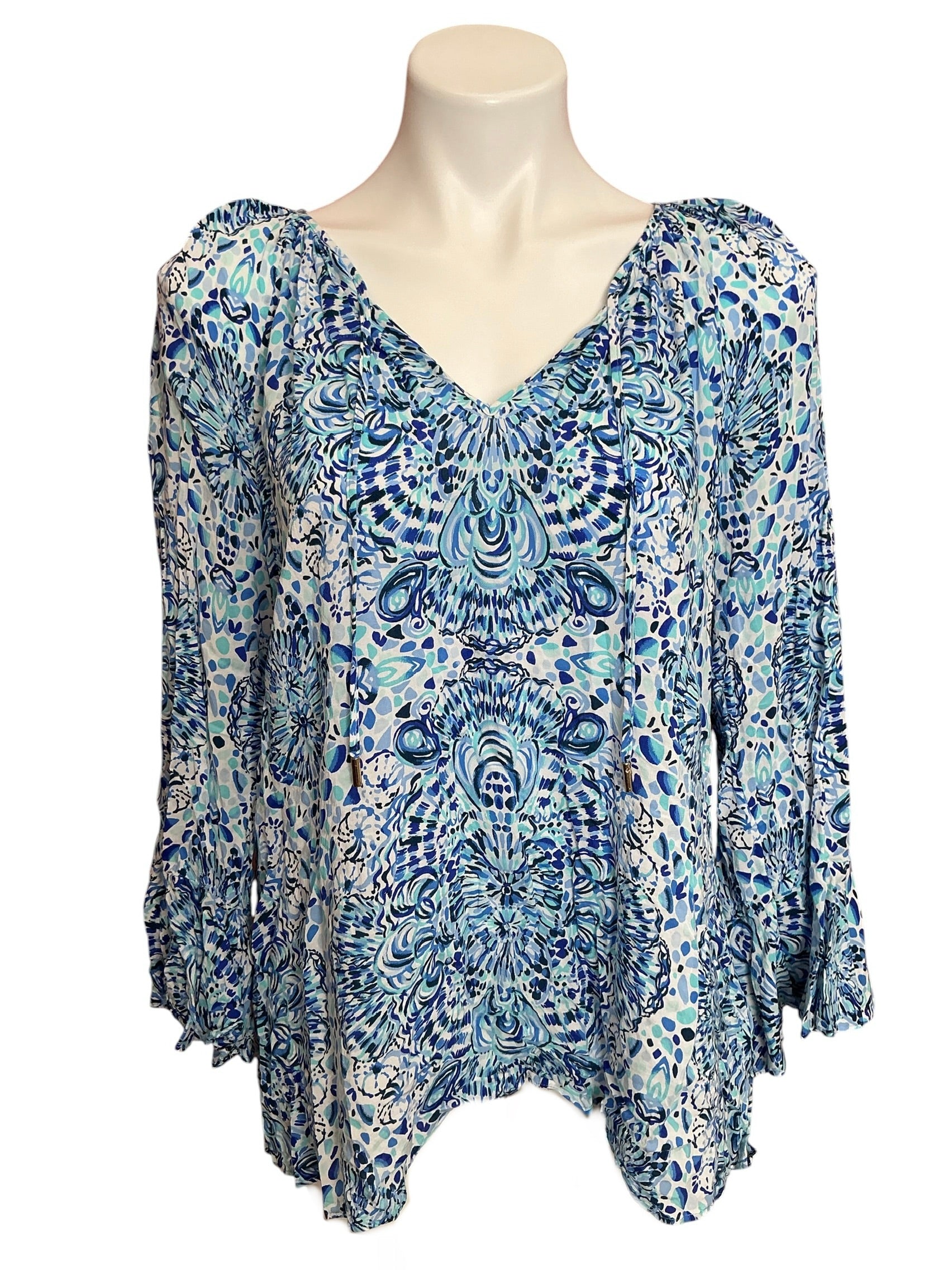 Lilly Pulitzer Willa Flounce Sleeve Top Taverna Blue Tile - Size L
