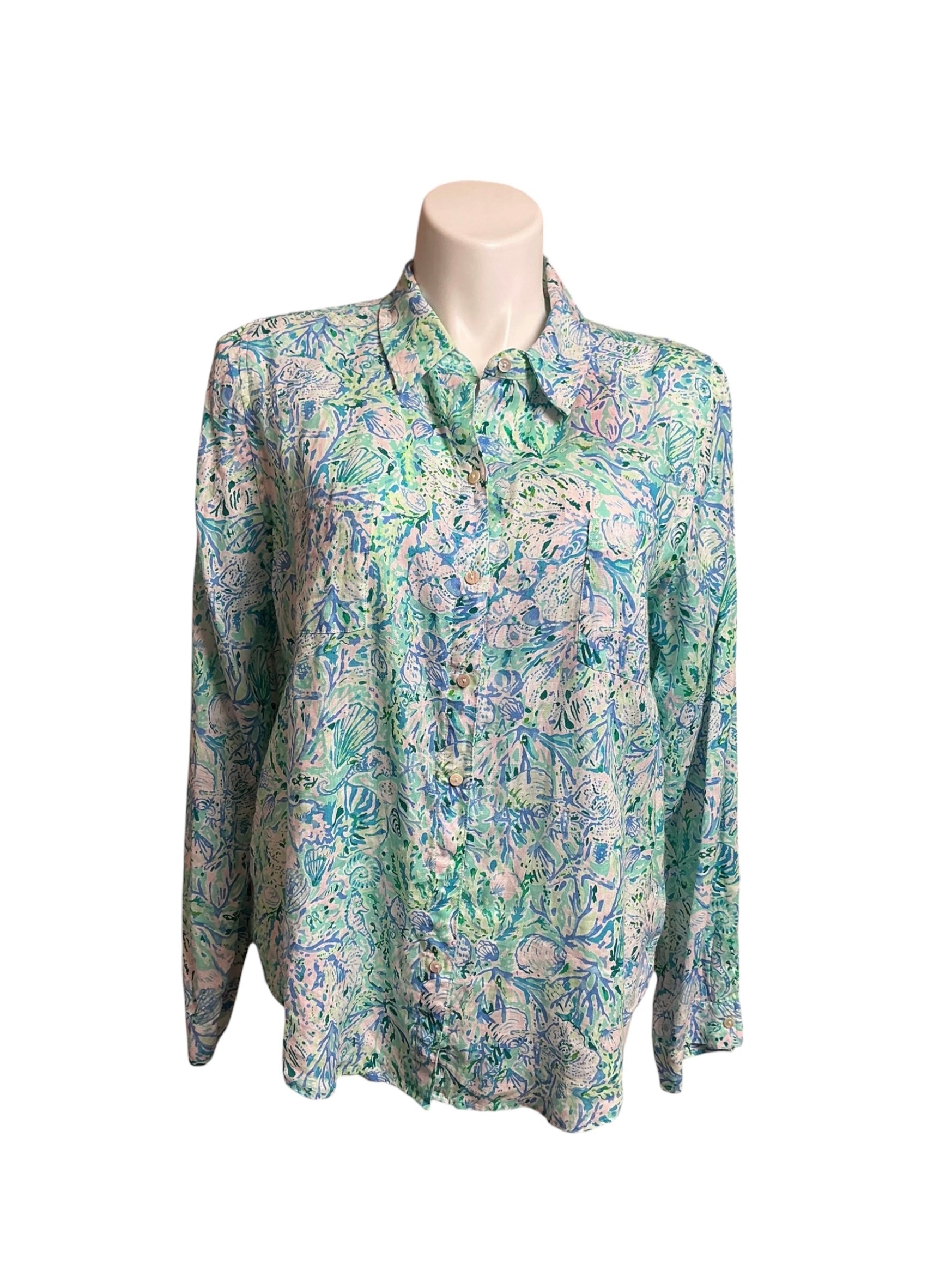 Lilly Pulitzer Sea View Linen Button Down Shirt Surf Blue Soleil It On Me - Size XL