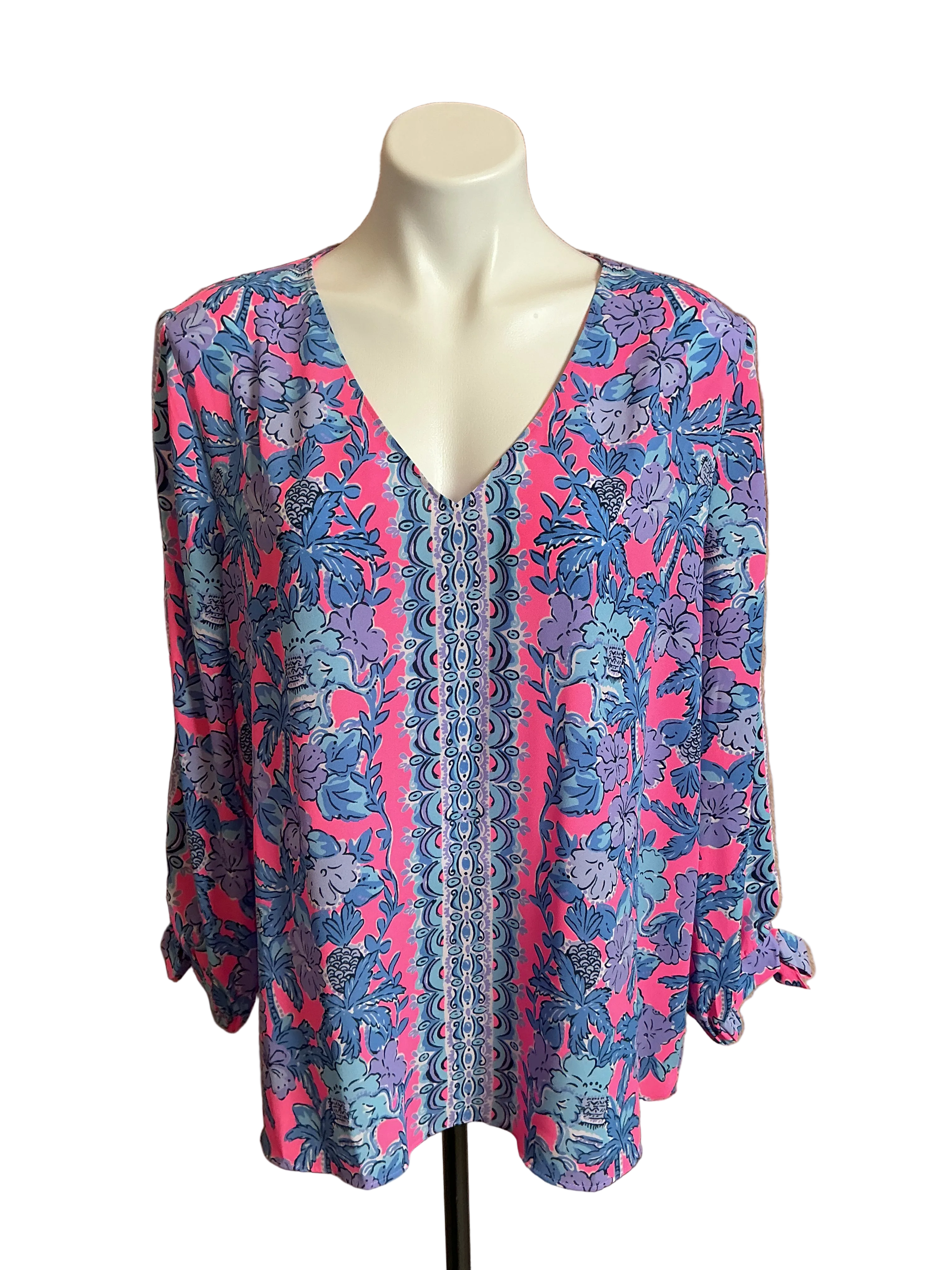 Lilly Pulitzer Pamala 3/4 Sleeve Top Soleil Pink Palm Paradise Enginneer - Size XL