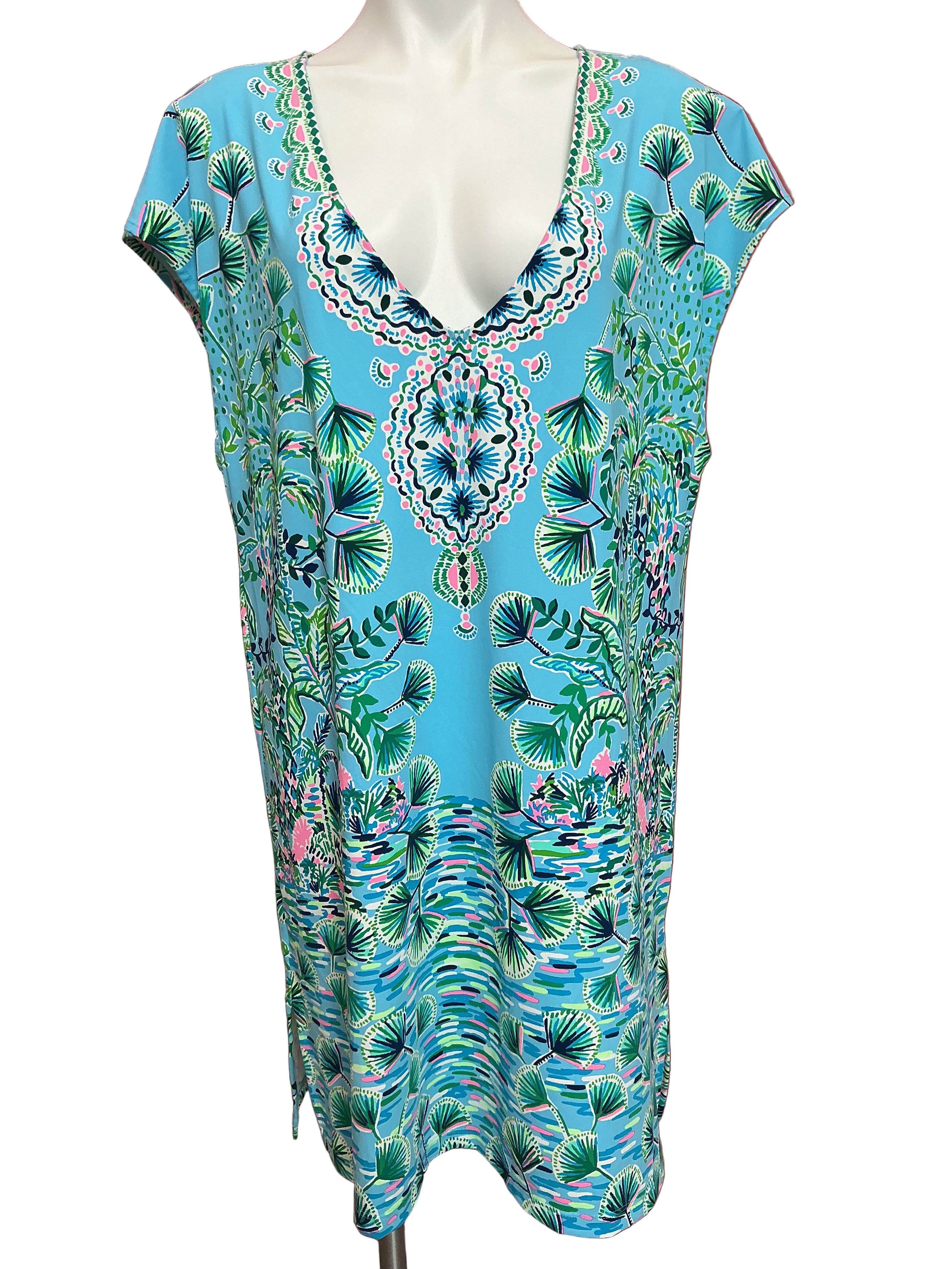 Lilly Pulitzer Women's Talli V-Neck Coverup, Blue Mosaic Shells Print- Size L