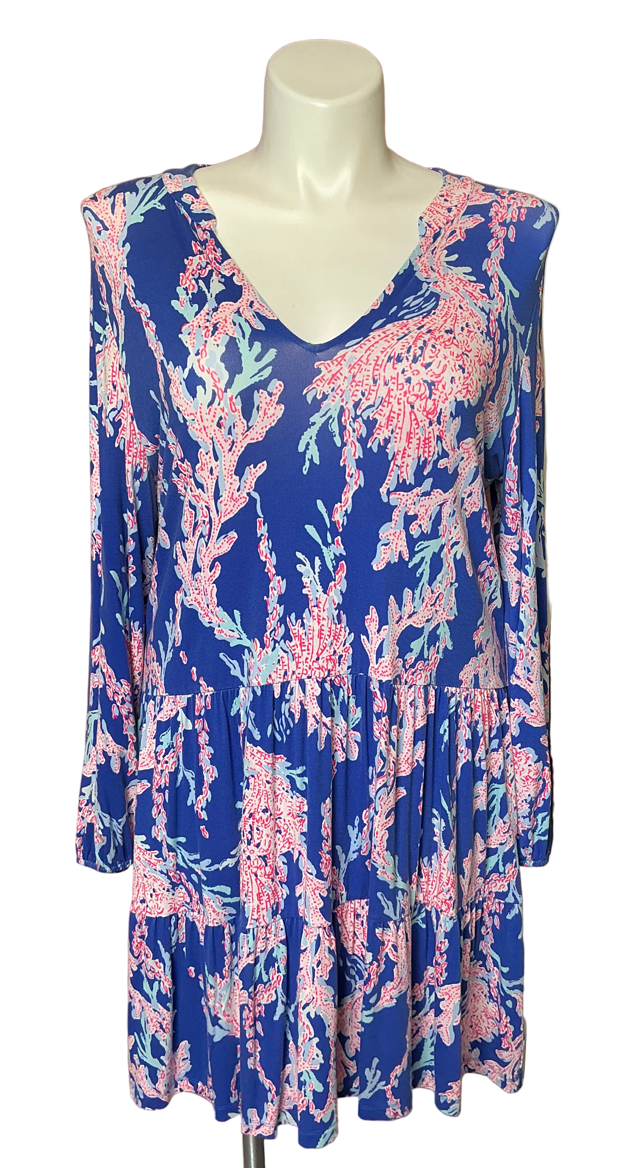 Lilly Pulitzer Traci long-sleeve swing Dress Borealis Blue Swim On Over - As Is - Size XL
