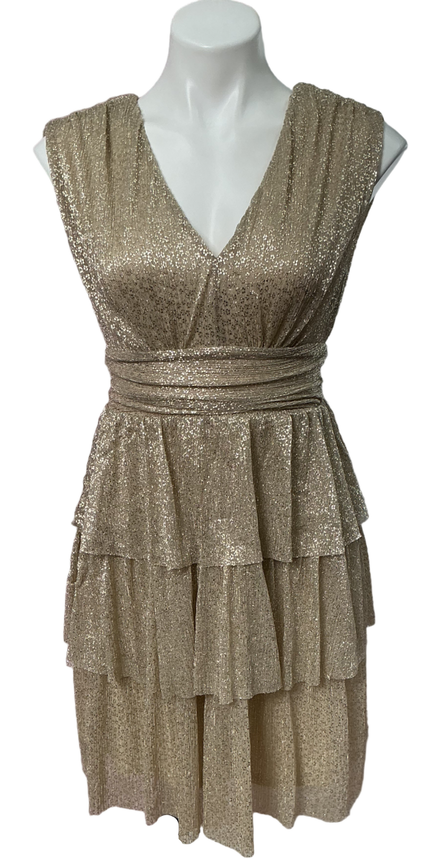 Lilly Pulitzer NWT - Faye V-Neck Ruffle Dress  - Gold Metallic Knit Crinkle - Size S