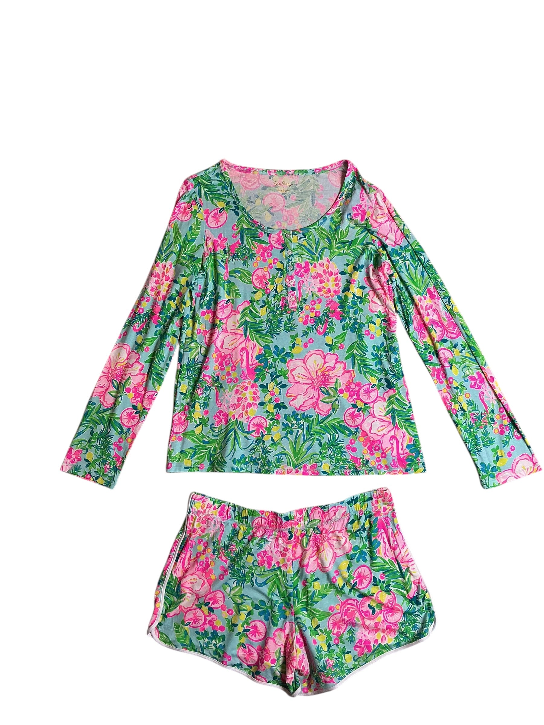 Lilly Pulitzer NWT PJ Knit LS Henley Set - Seasalt Blue Fruity Flamingo - Size L