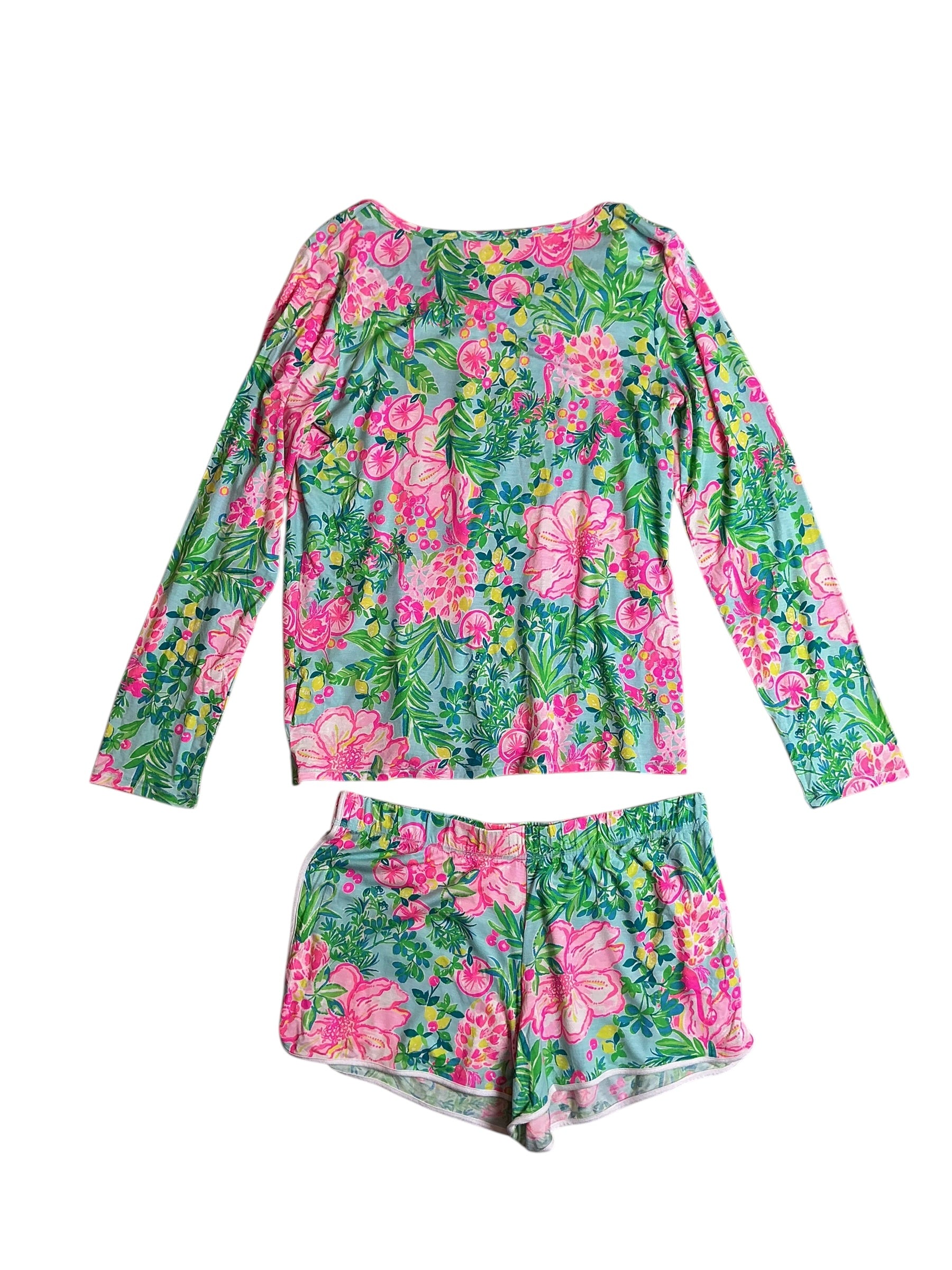Lilly Pulitzer NWT PJ Knit LS Henley Set - Seasalt Blue Fruity Flamingo - Size L