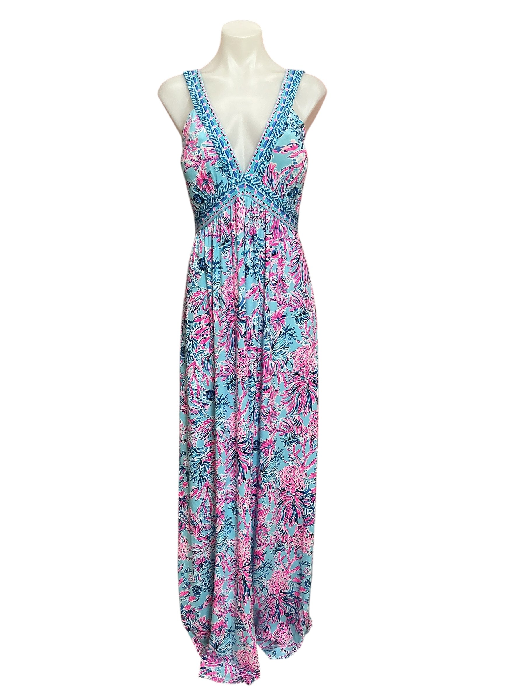 Lilly Pulitzer NWT Serena V-Neck Maxi Dress Celestial Blue Seek And Sea Engineere - Size 4