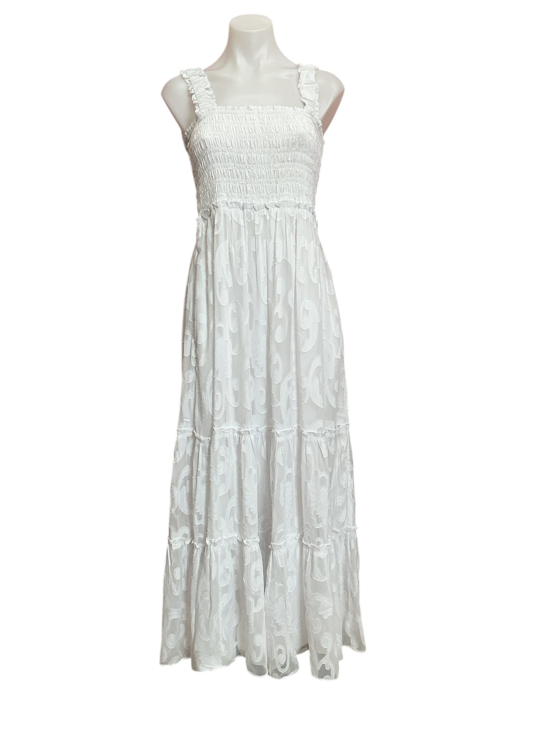 Lilly Pulitzer NWT Hadly Smocked Maxi Dress Resort White Poly Crepe Swirl Clip - Size M