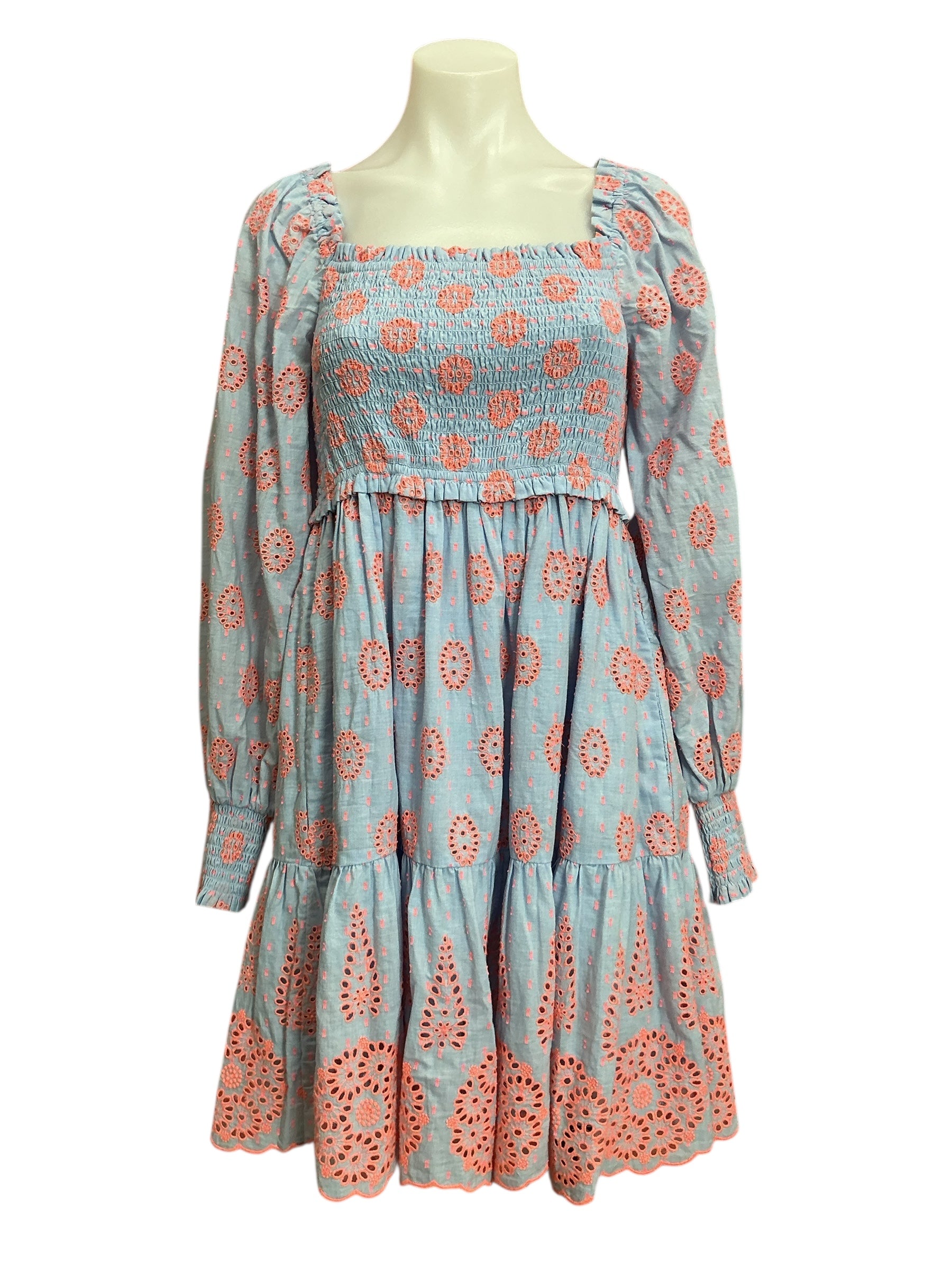 Lilly Pulitzer Rainna Smocked Eyelet Dress Blue Peri Chambray Dobby Eye - Size XS