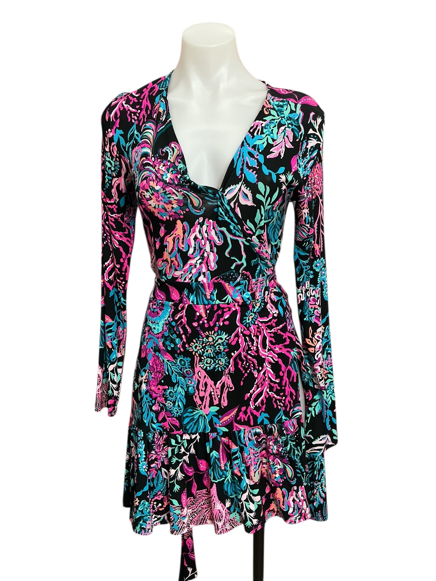 Lilly Pulitzer Misha Long Sleeve Wrap Romper Onyx Twilight Coral - Size S