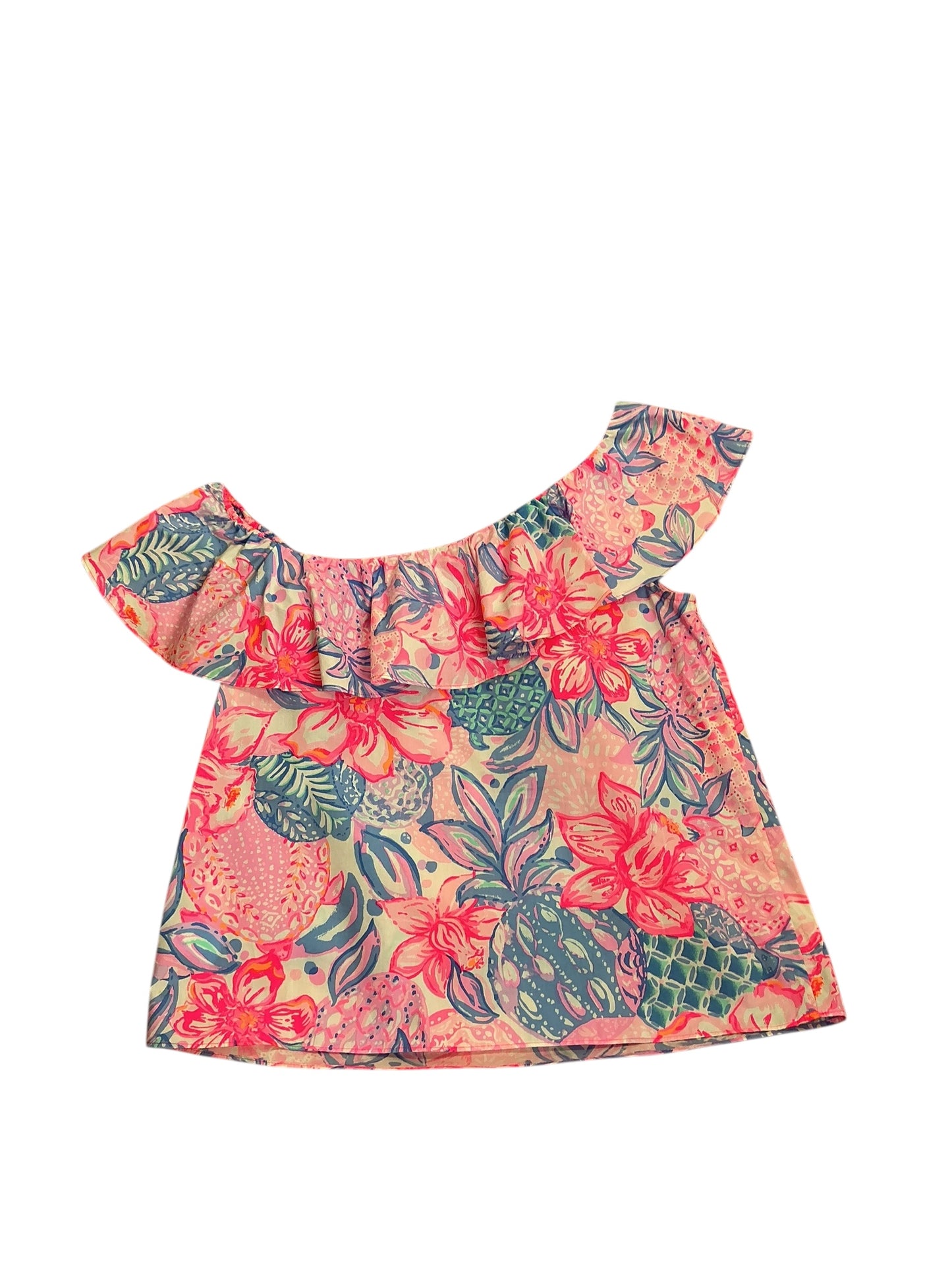 Lilly Pulitzer Zeldie One-Shoulder Ruffle Top Pink Isle Snappy Turtle - Size S