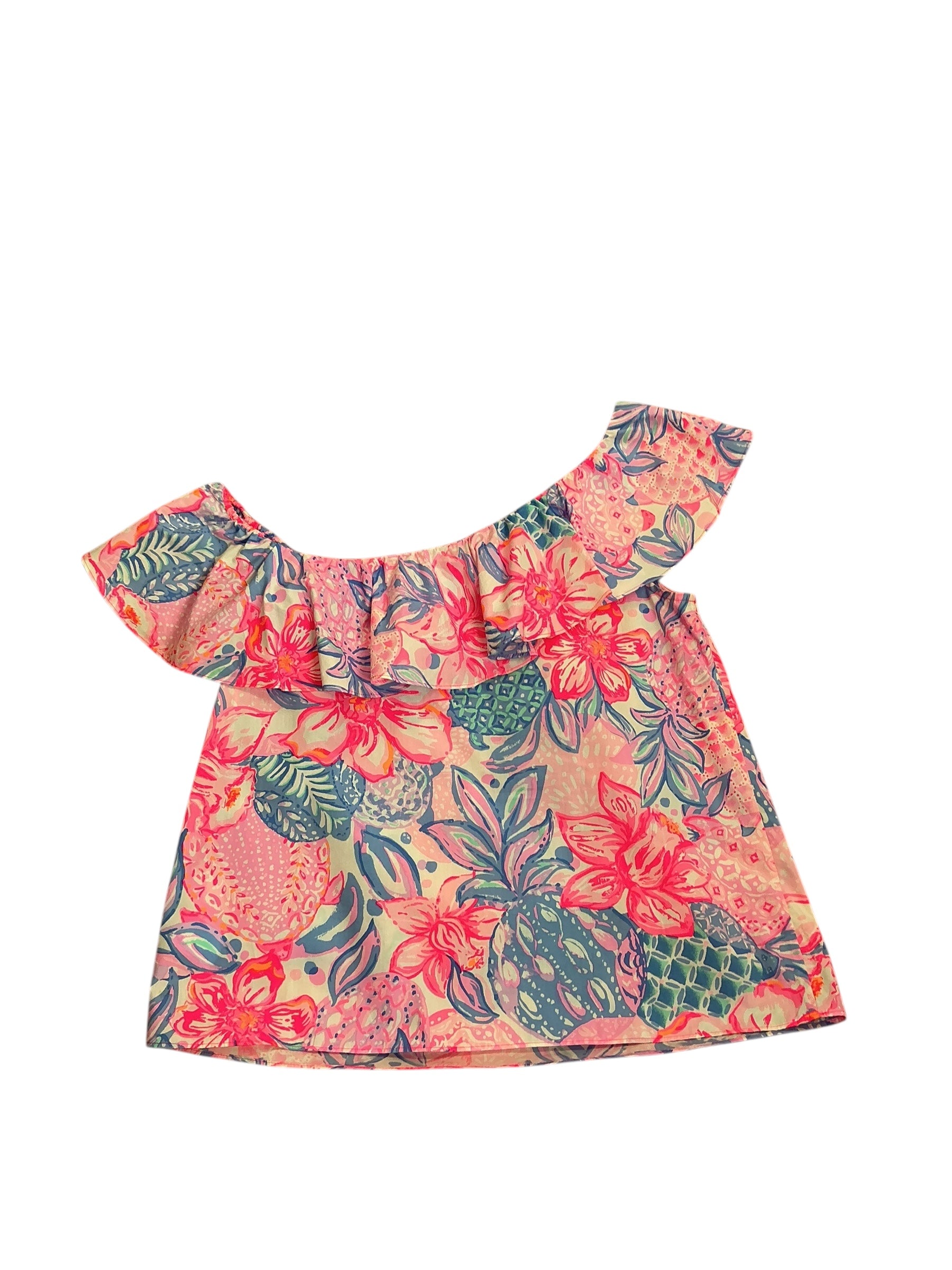 Lilly Pulitzer Zeldie One-Shoulder Ruffle Top Pink Isle Snappy Turtle - Size S