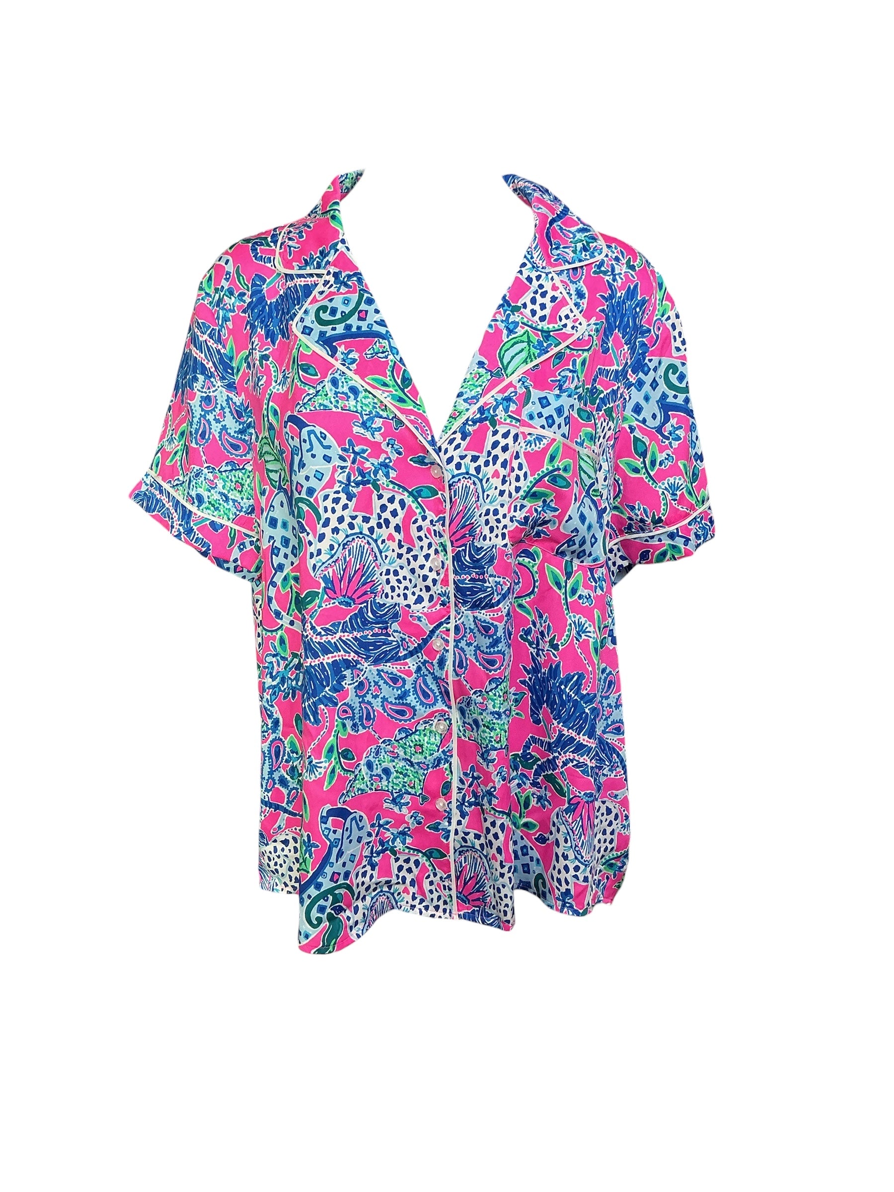 Lilly Pulitzer NWT Pj Woven SS Top - Plumeria Pink Untamed Hearts - Size L