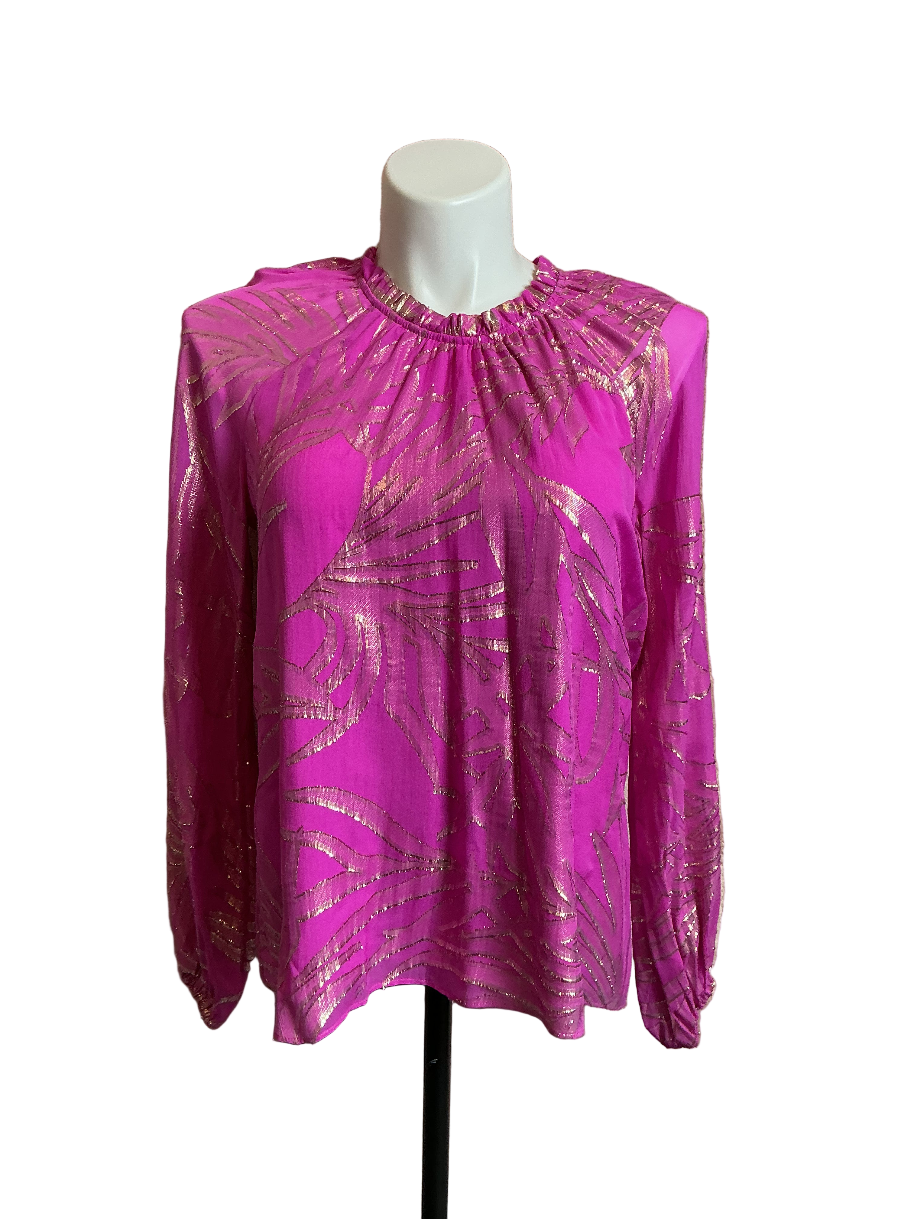 Lilly Pulitzer NWT Caline Long Sleeve Sil Wild Fuchsia Palm Leaf Silk Clip Ch - Size L