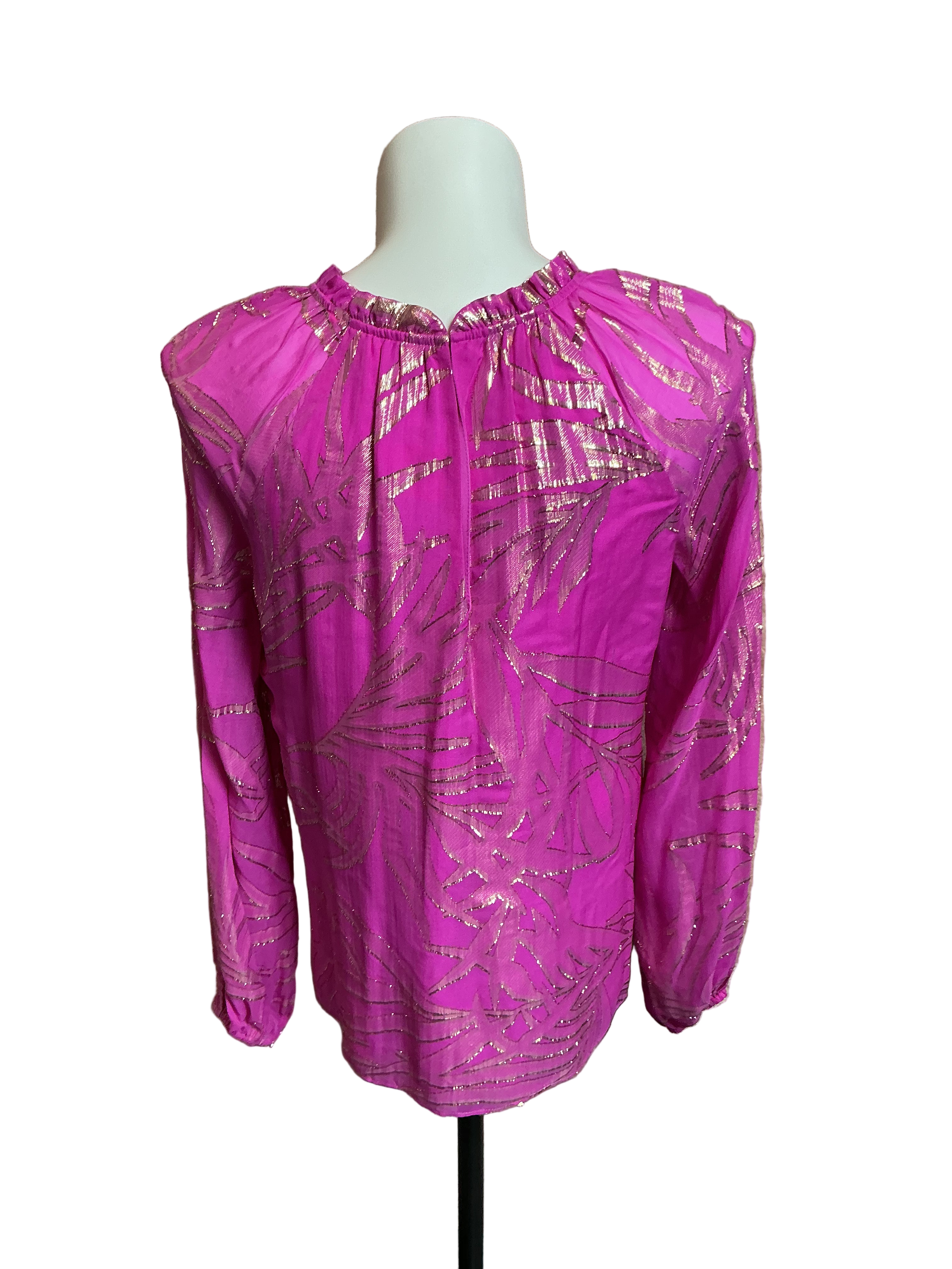Lilly Pulitzer NWT Caline Long Sleeve Sil Wild Fuchsia Palm Leaf Silk Clip Ch - Size L