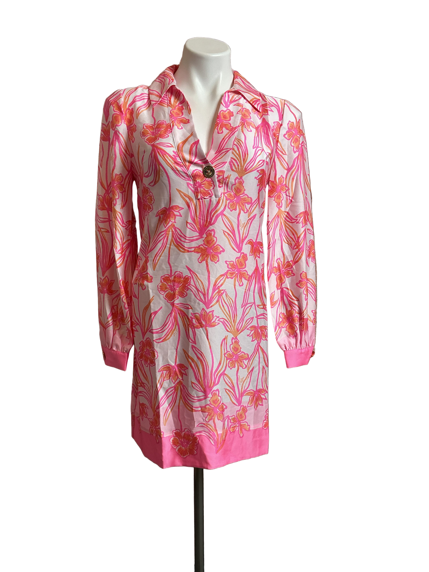 Lilly Pulitzer NWT Iralanne Long Sleeve Popover Shirtdress Resort White Lovely Long Stems Engineered Woven Dress - Size 00