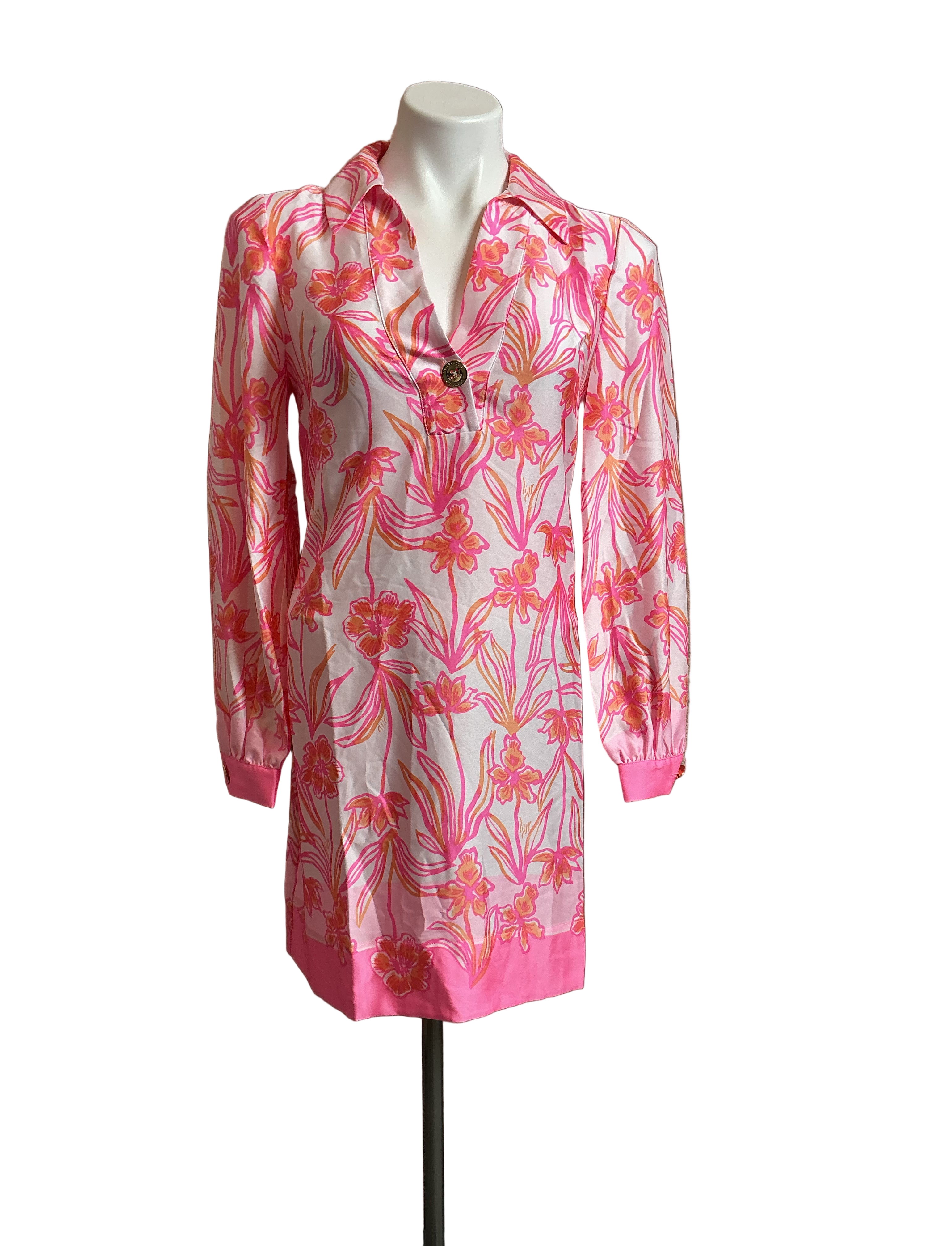 Lilly Pulitzer NWT Iralanne Long Sleeve Popover Shirtdress Resort White Lovely Long Stems Engineered Woven Dress - Size 00