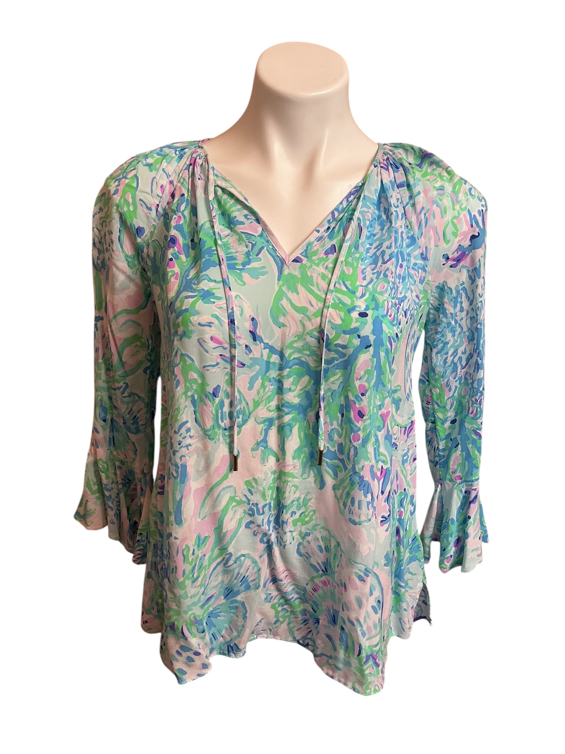 Lilly Pulitzer Willa Flounce Sleeve Aqua Blue Amethyst Tint Shell Top - Size XS
