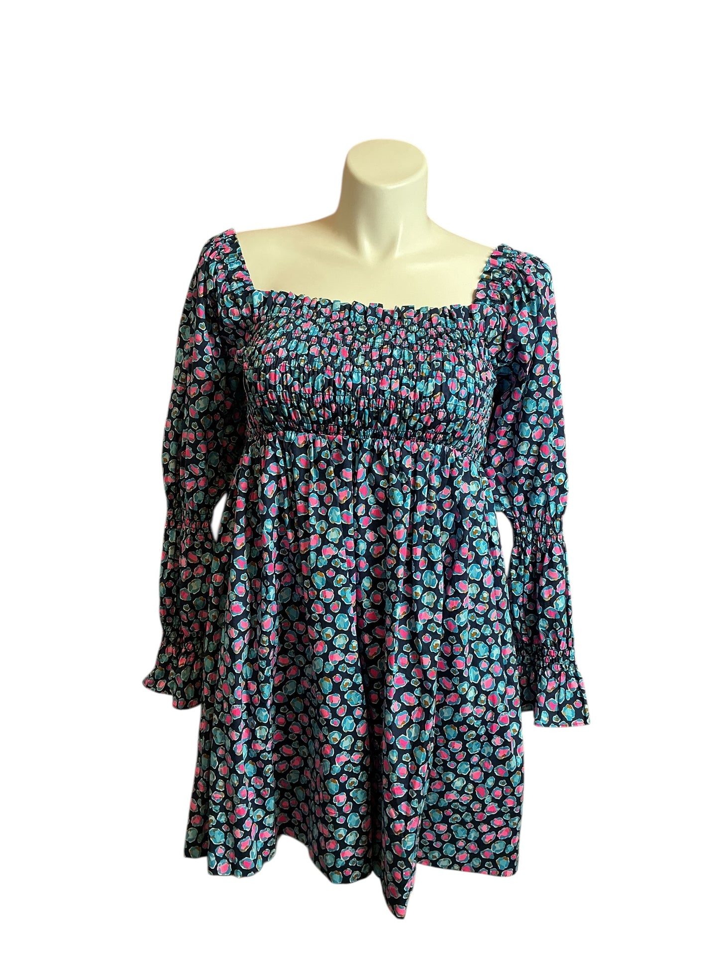 Lilly Pulitzer NWT Beyonca Long Sleeve SeaBreeze Blue Low Tide Navy Spotted Dress - Size L
