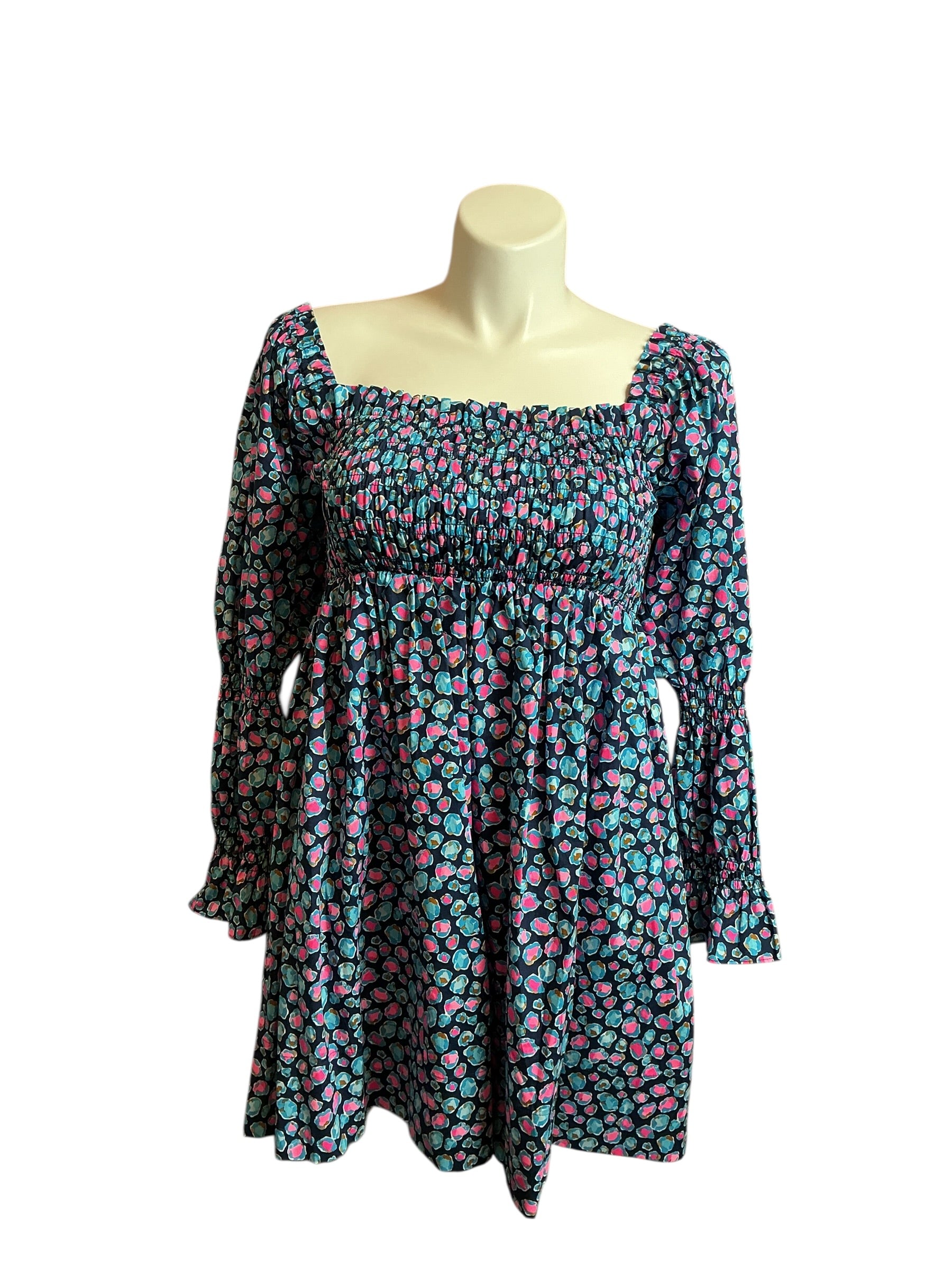 Lilly Pulitzer NWT Beyonca Long Sleeve SeaBreeze Blue Low Tide Navy Spotted Dress - Size L